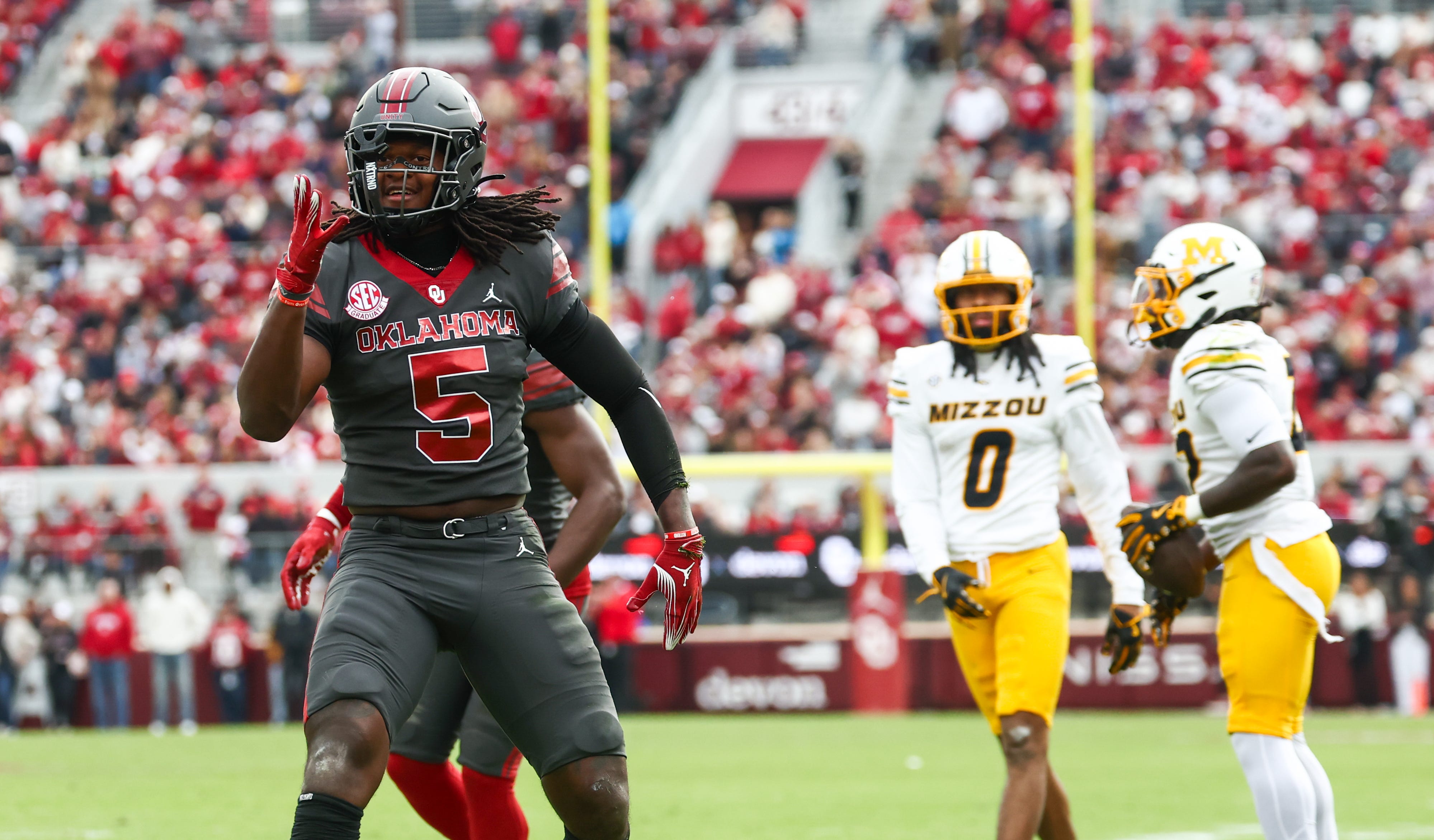 Nov 22, 2025; Norman, Oklahoma, USA; Oklahoma Sooners linebacker Kendal Daniels (5) reacts during the game against the Missouri Tigers at Gaylord Family-Oklahoma Memorial Stadium. Mandatory Credit: Kevin Jairaj-Imagn Images