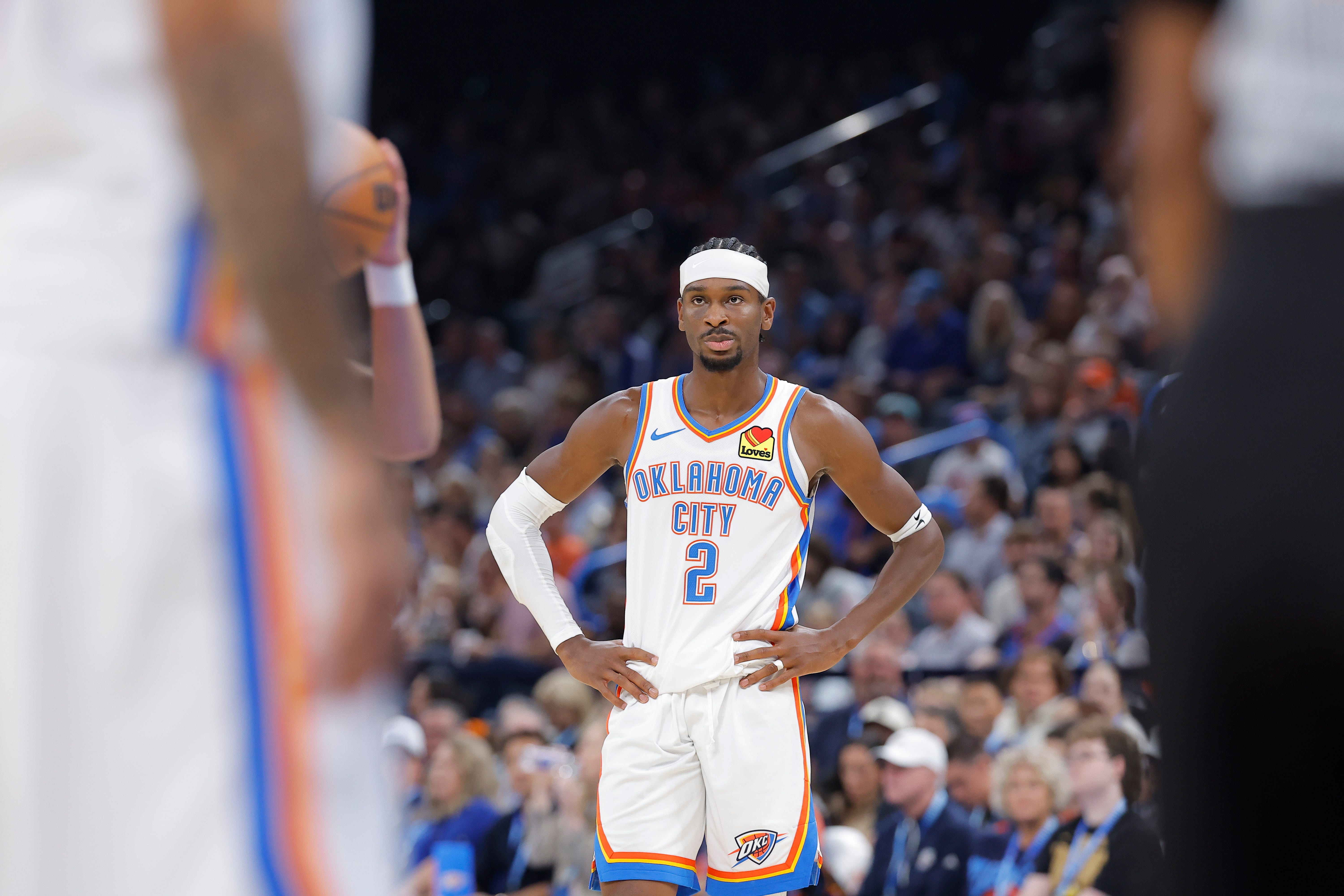 Oct 25, 2026; Oklahoma City, Oklahoma, USA; Oklahoma City Thunder guard Shai Gilgeous-Alexander (2) stands during a time out against the Los Angeles Clippers during the second half at Paycom Center. Mandatory Credit: Alonzo Adams-Imagn Images