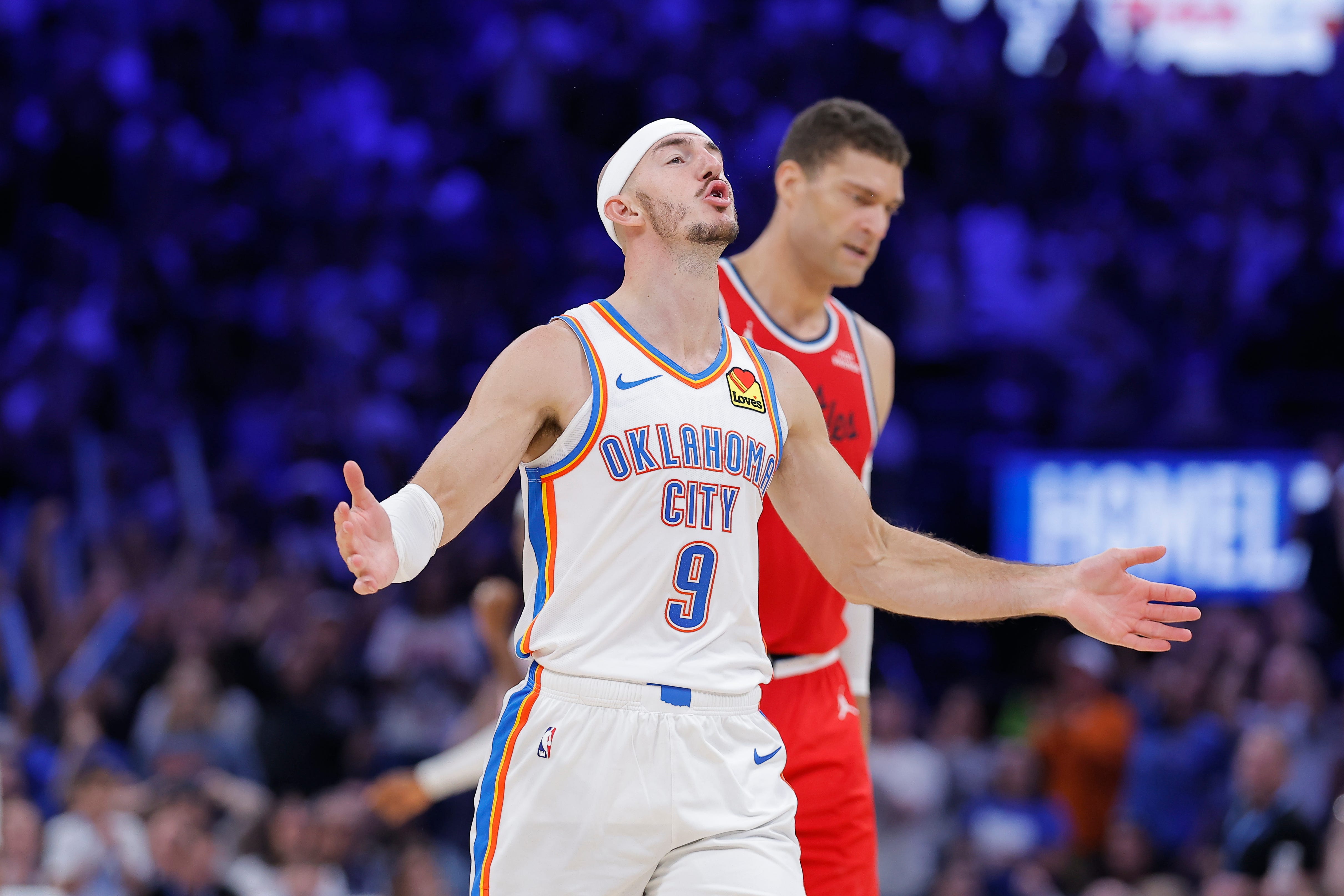 Oct 25, 2026; Oklahoma City, Oklahoma, USA; Oklahoma City Thunder guard Alex Caruso (9) celebrates after a play against the Los Angeles Clippers during the second half at Paycom Center. Mandatory Credit: Alonzo Adams-Imagn Images
