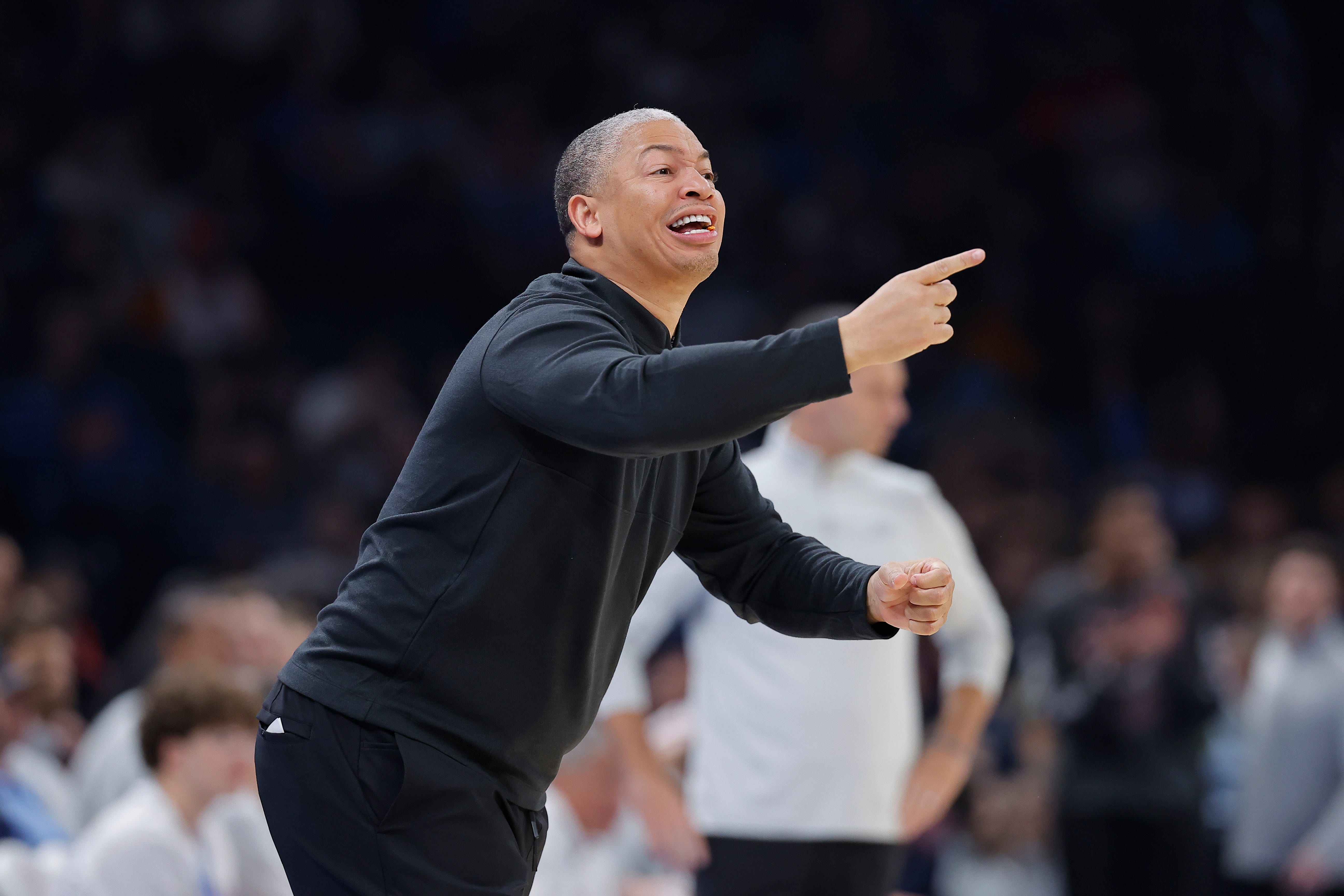 Oct 25, 2026; Oklahoma City, Oklahoma, USA; Los Angeles Clippers head coach Tyronn Lue gestures to his team during a play against the Los Angeles Clippers during the second half at Paycom Center. Mandatory Credit: Alonzo Adams-Imagn Images