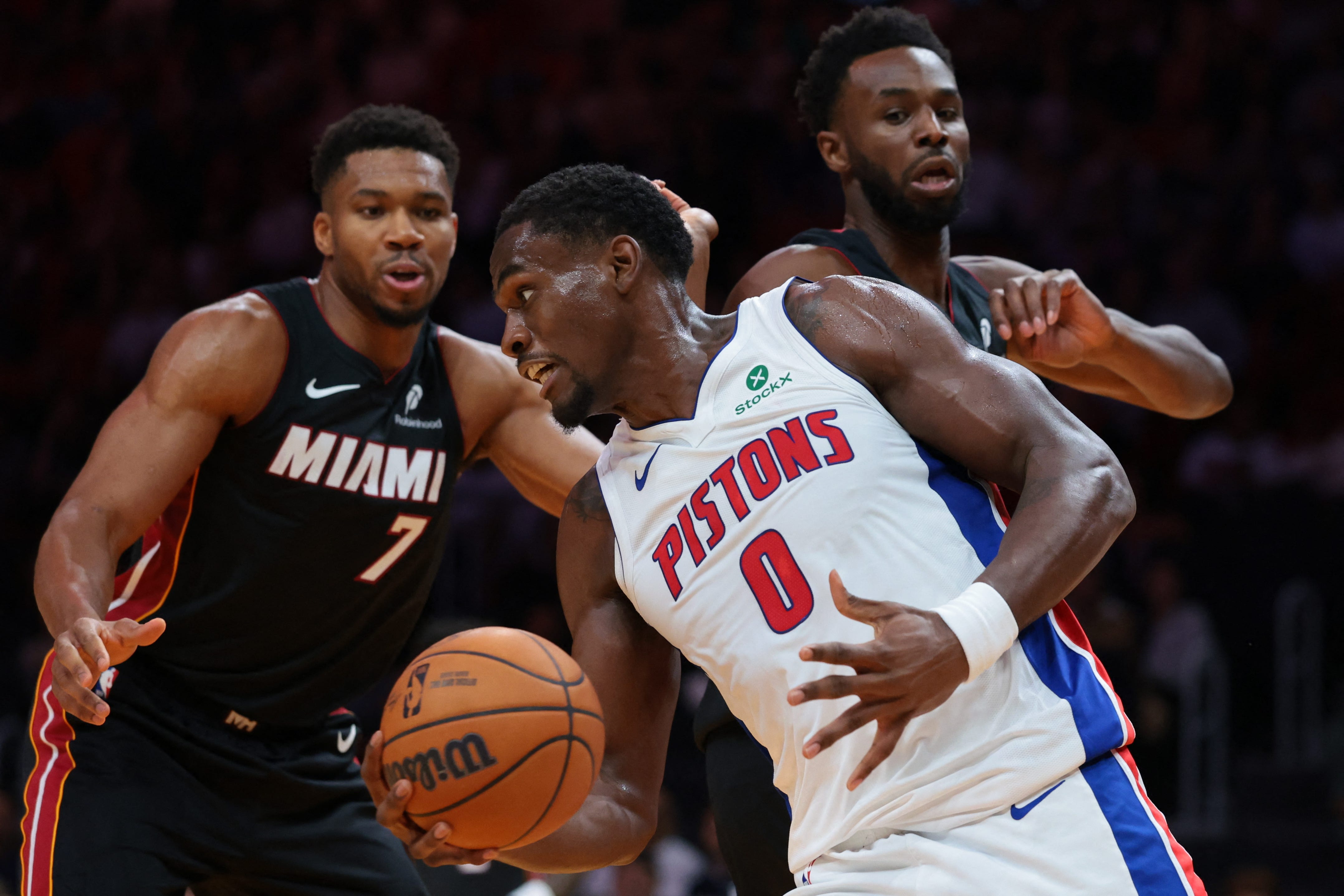 Oct 23, 2026; Miami, Florida, USA; Detroit Pistons center Jalen Duren (0) collects a rebound against the Miami Heat during the first quarter at Kaseya Center. Mandatory Credit: Sam Navarro-Imagn Images