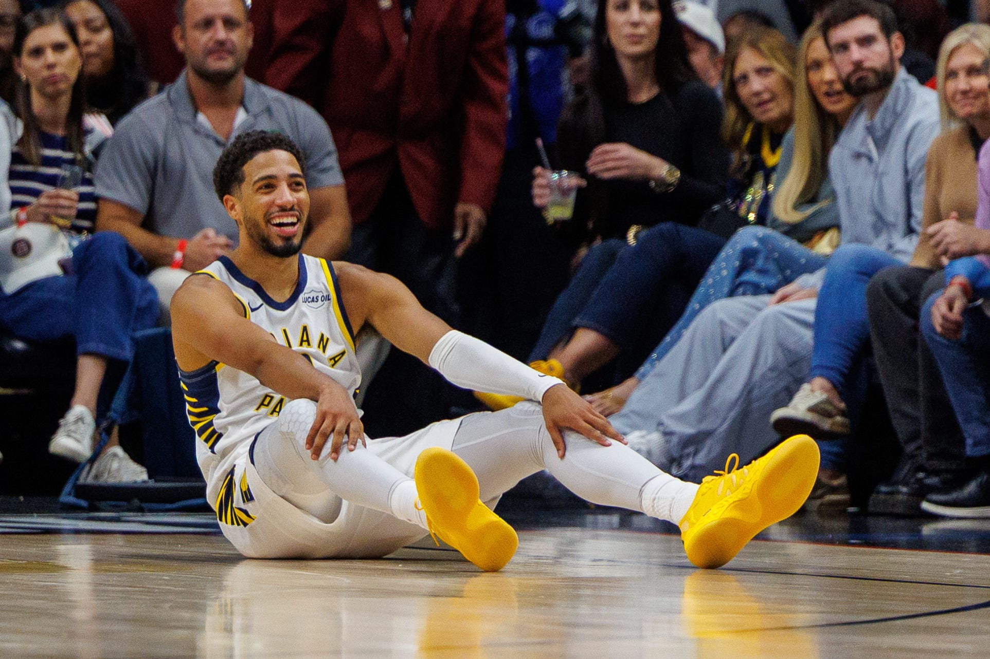 Oct 21, 2026; New Orleans, Louisiana, USA;  Indiana Pacers guard Tyrese Haliburton (0) reacts to missing a shot against New Orleans Pelicans during the second half at Smoothie King Center.  Mandatory Credit: Stephen Lew-Imagn Images