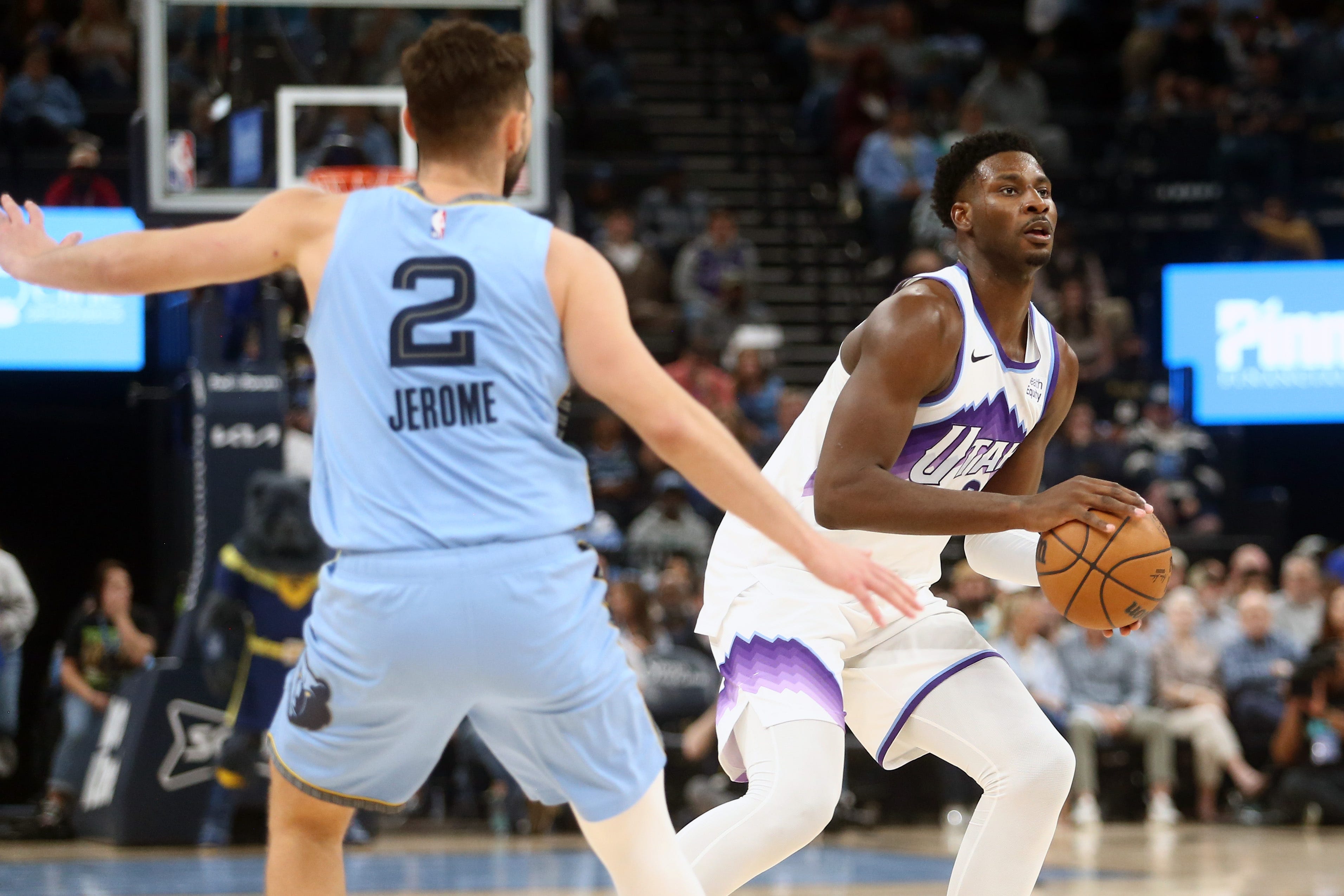 Oct 21, 2026; Memphis, Tennessee, USA;  Utah Jazz forward Jaren Jackson Jr. (20) shoots during the fourth quarter against the Memphis Grizzlies at FedExForum.  Mandatory Credit: Petre Thomas-Imagn Images