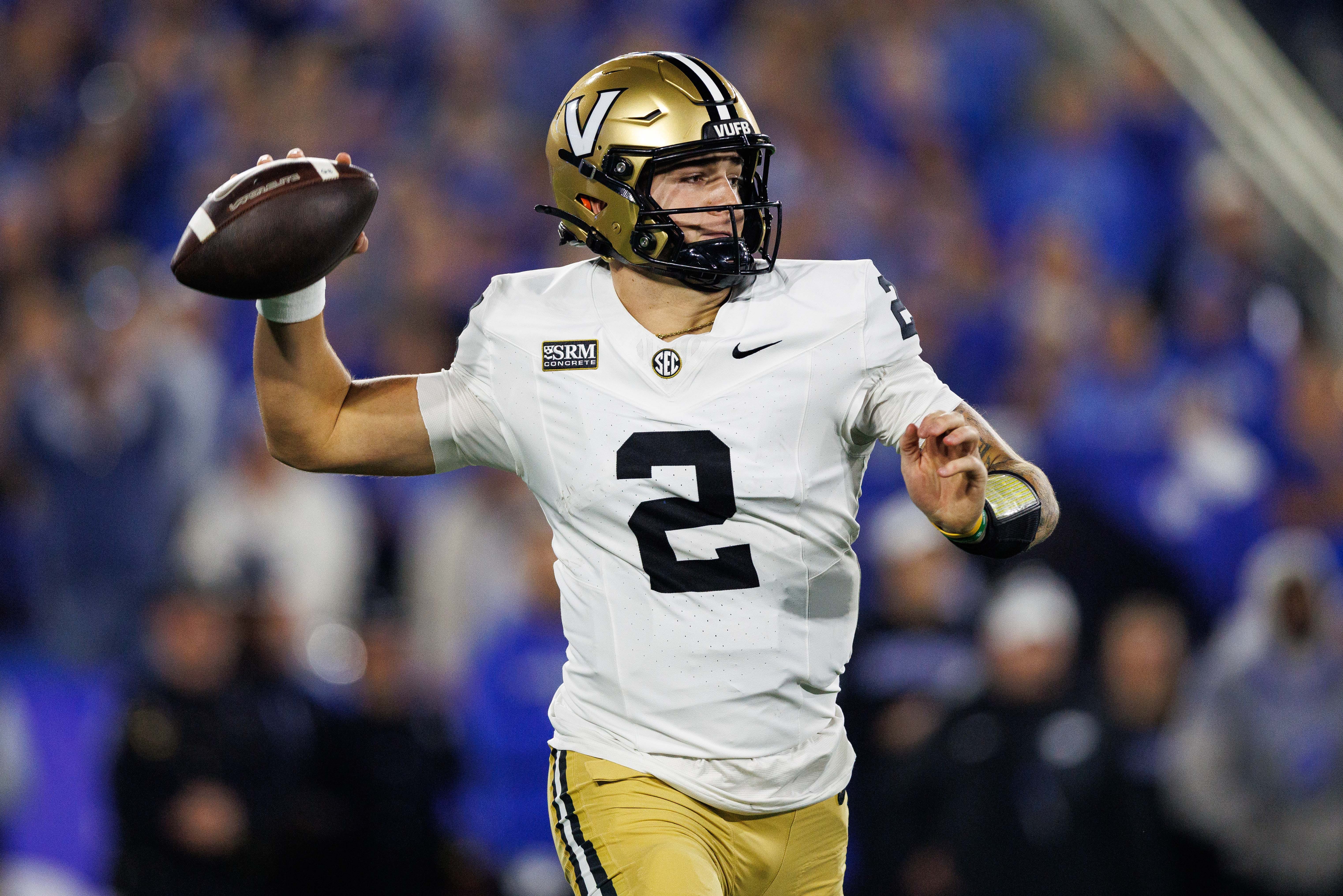 Oct 24, 2026; Lexington, Kentucky, USA;  Vanderbilt Commodores quarterback Jared Curtis (2) throws a pass during the first quarter against the Kentucky Wildcats at Kroger Field.  Mandatory Credit: Jordan Prather-Imagn Images