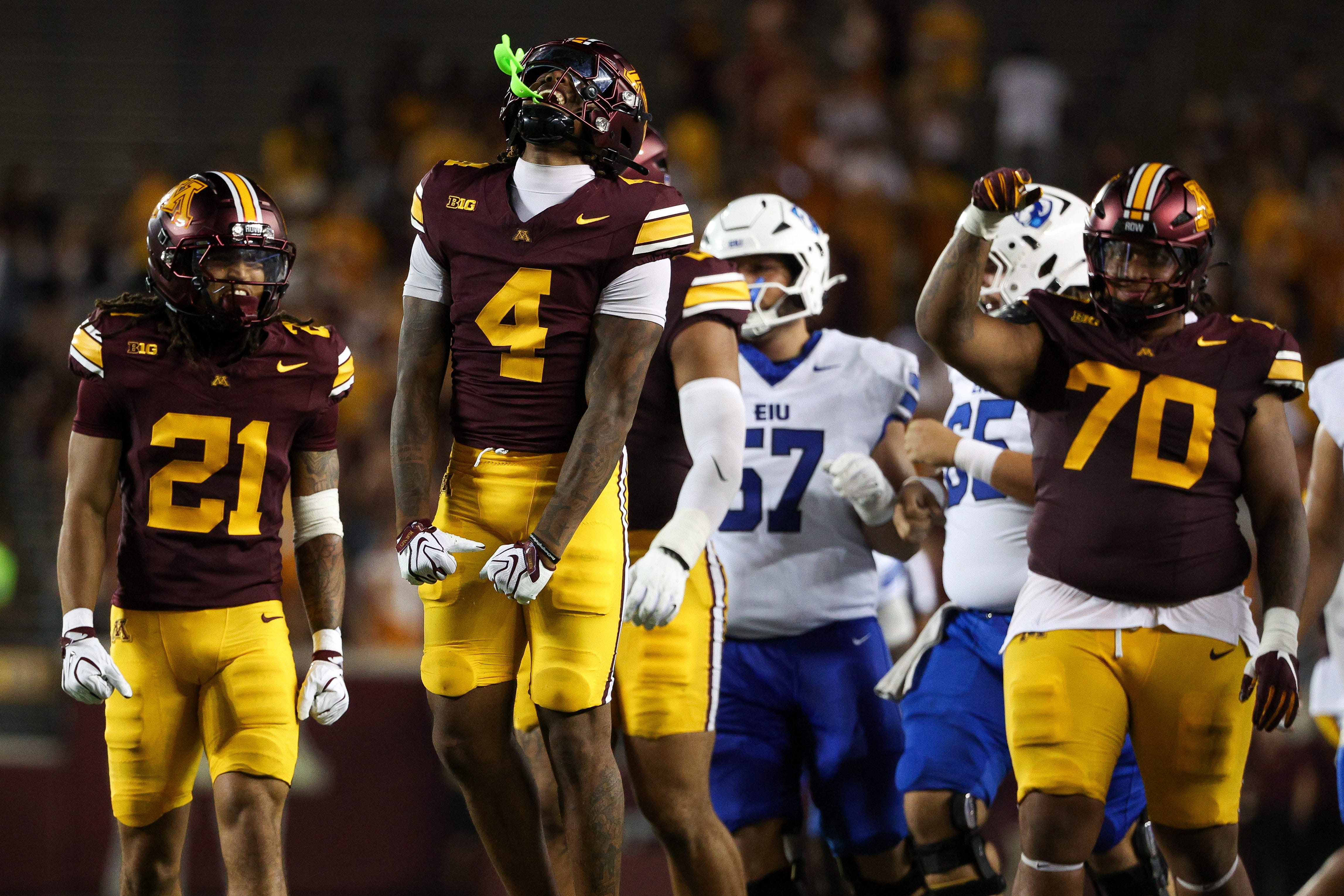 Sep 3, 2026; Minneapolis, Minnesota, USA; Minnesota Golden Gophers defensive back Zack Harden (4) celebrates during the second half against the Eastern Illinois Panthers at Huntington Bank Stadium. Mandatory Credit: Matt Krohn-Imagn Images