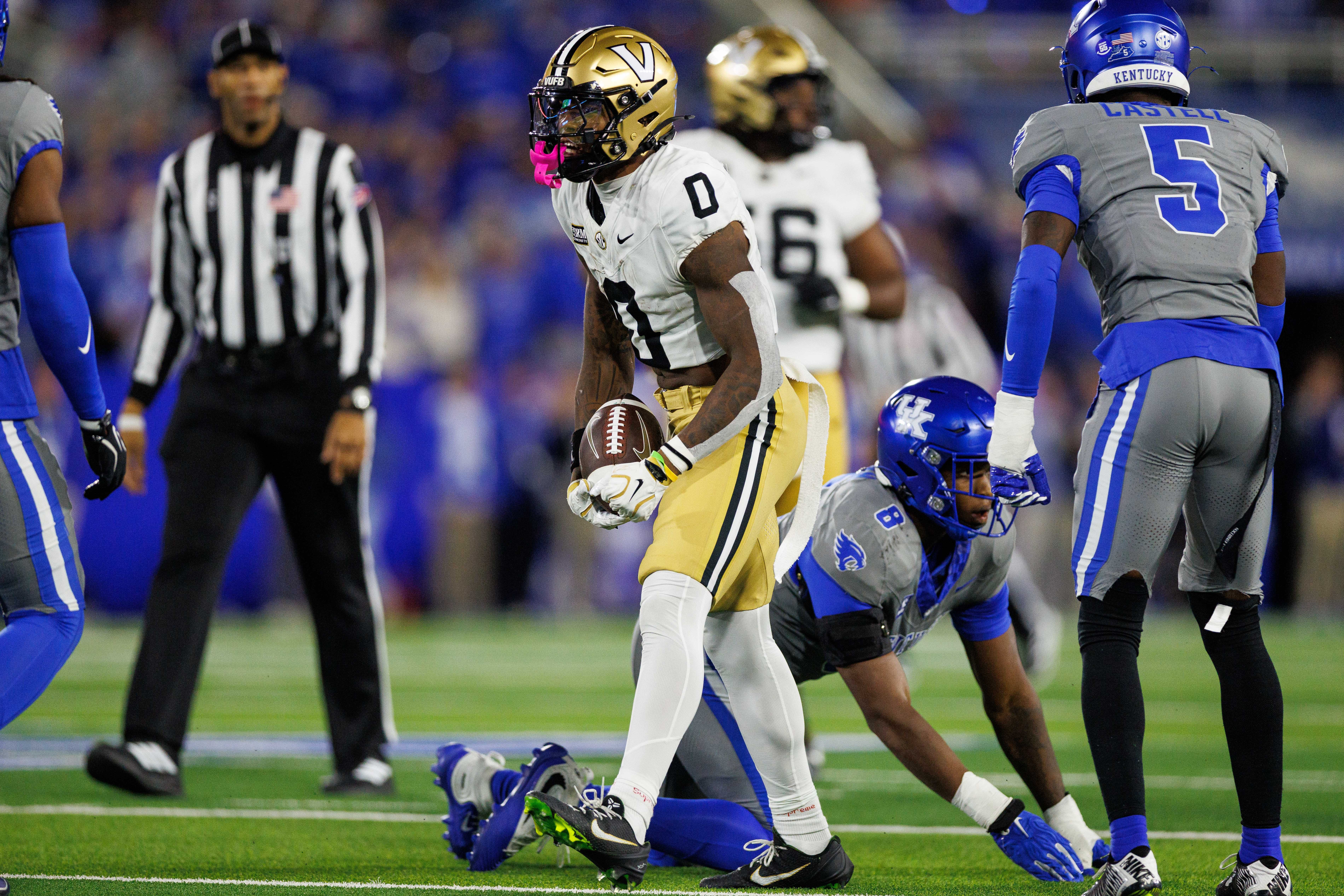 Oct 24, 2026; Lexington, Kentucky, USA;  Vanderbilt Commodores wide receiver Junior Sherrill (0) celebrates during the third quarter against the Kentucky Wildcats at Kroger Field.  Mandatory Credit: Jordan Prather-Imagn Images