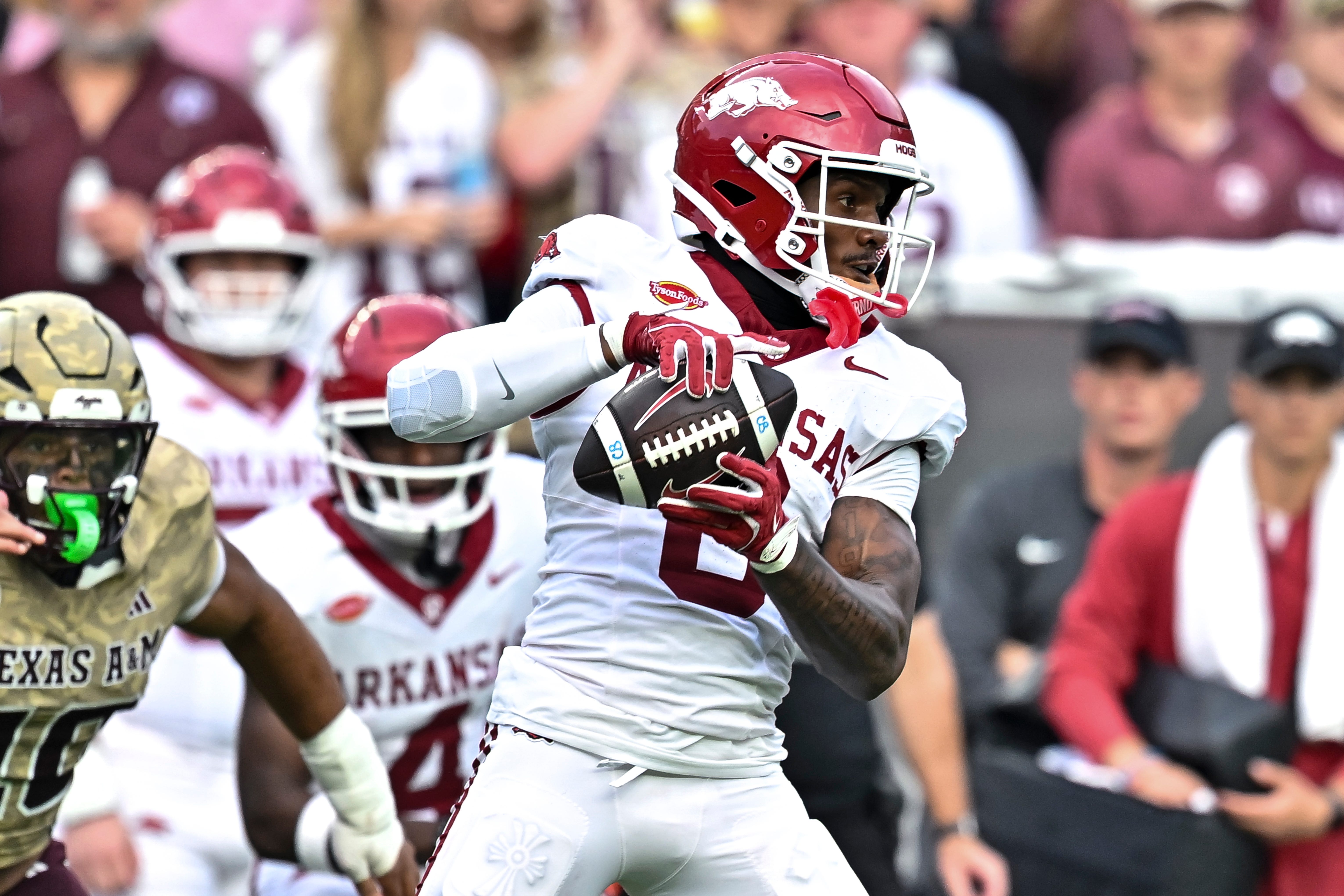Oct 3, 2026; College Station, Texas, USA; Arkansas Razorbacks wide receiver Chris Marshall (6) catches a pass during the first half against the Texas A&amp;M Aggies at Kyle Field. Mandatory Credit: Maria Lysaker-Imagn Images