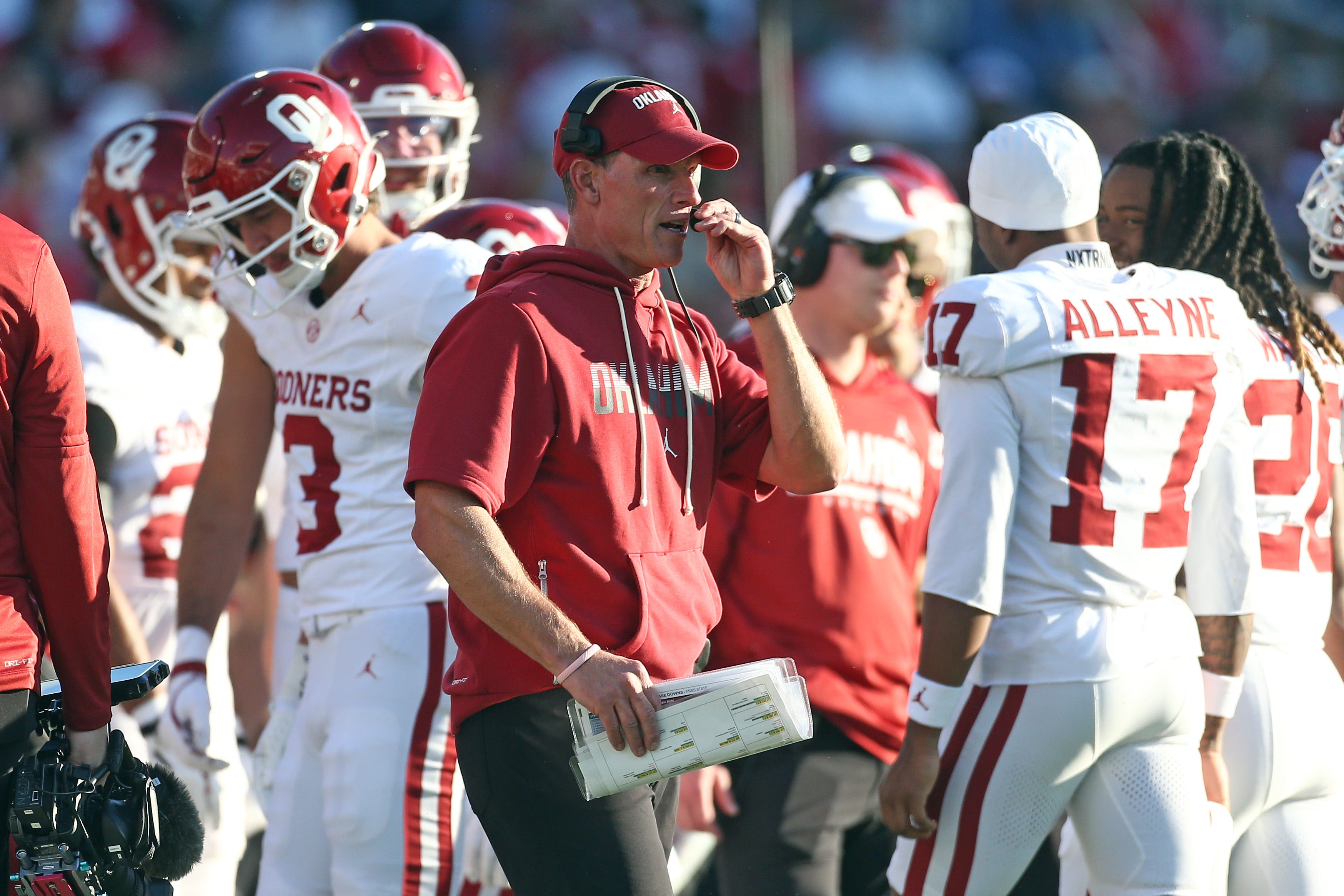 Oct 24, 2026; Starkville, Mississippi, USA;  Oklahoma Sooners head coach Brent Venables looks on during the third quarter against the Mississippi State Bulldogs at Davis Wade Stadium at Scott Field.  Mandatory Credit: Petre Thomas-Imagn Images