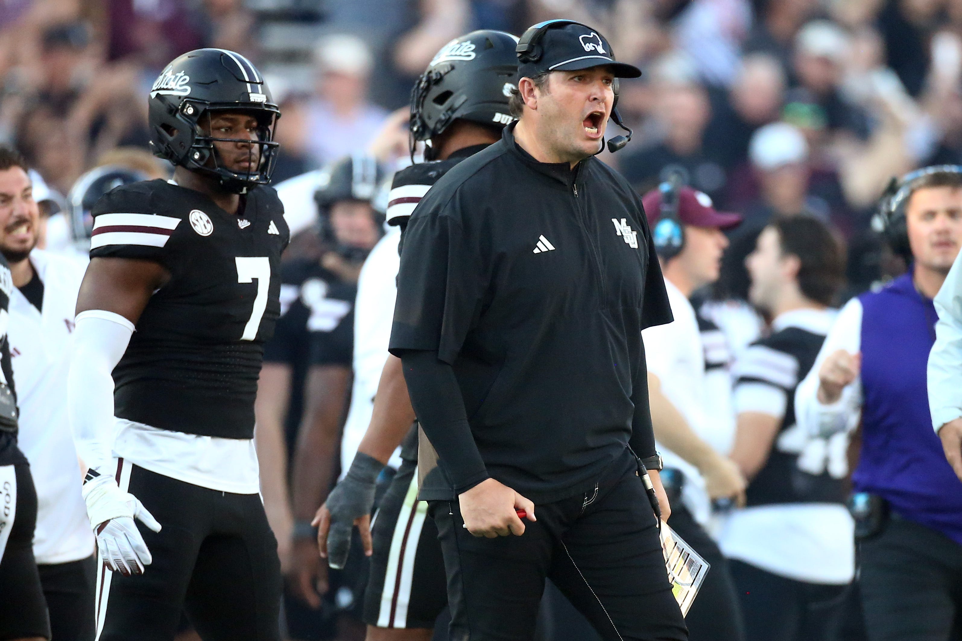 Oct 24, 2026; Starkville, Mississippi, USA;  Mississippi State Bulldogs head coach Jeff Lebby reacts during the fourth quarter against the Oklahoma Sooners at Davis Wade Stadium at Scott Field.  Mandatory Credit: Petre Thomas-Imagn Images
