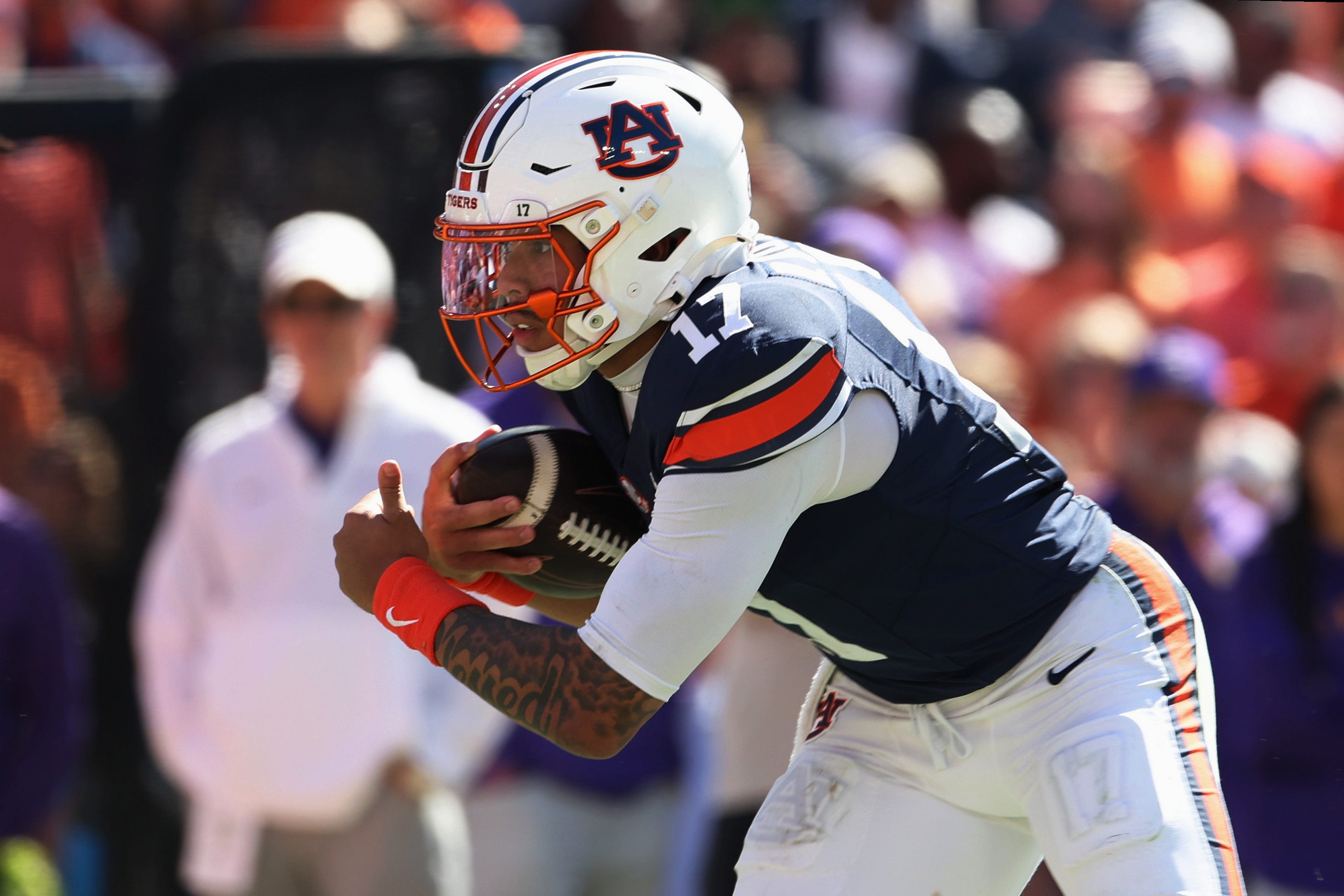 Oct 24, 2026; Auburn, Alabama, USA;  Auburn Tigers quarterback Byrum Brown (17) runs the ball during the second quarter against the LSU Tigers at Jordan-Hare Stadium.  Mandatory Credit: John Reed-Imagn Images