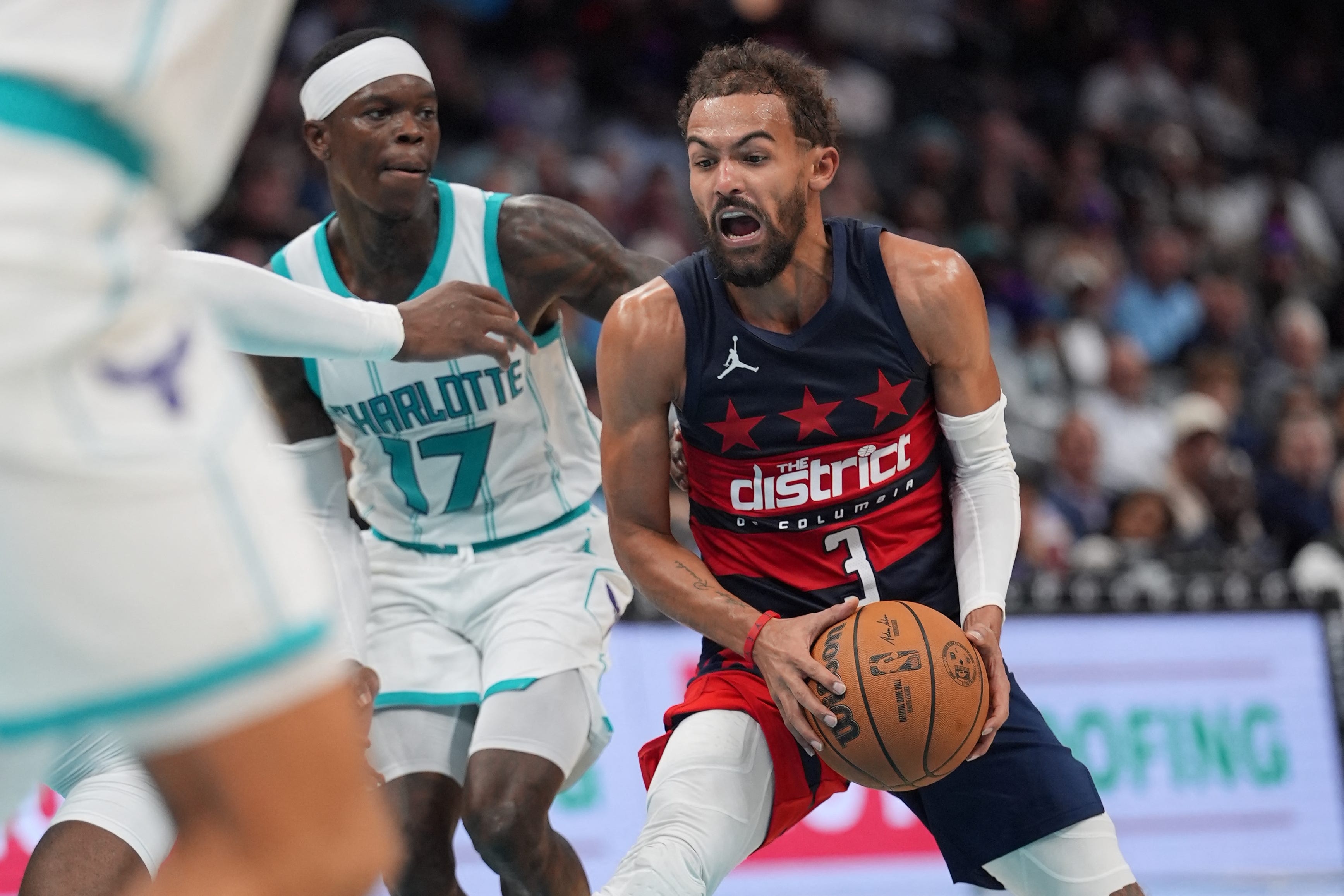 Oct 26, 2026; Charlotte, North Carolina, USA;  Washington Wizards guard Trae Young (3) drives to the basket against Charlotte Hornets guard Dennis Schroder (17) during the second half at the Spectrum Center.  Mandatory Credit: Jim Dedmon-Imagn Images