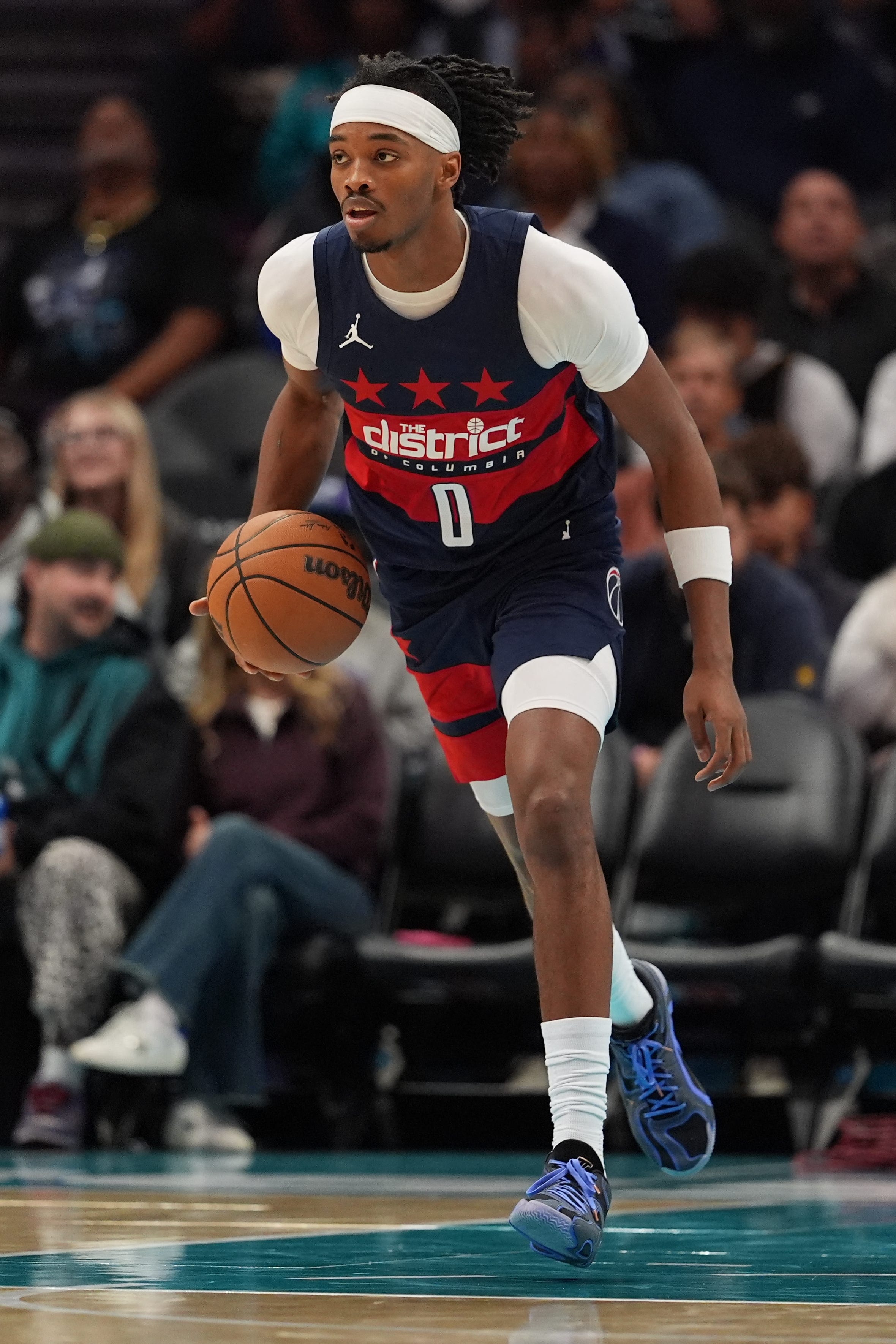 Oct 26, 2026; Charlotte, North Carolina, USA;  Washington Wizards guard Bilal Coulibaly (0) brings the ball up court against the Charlotte Hornets during the second half at the Spectrum Center.  Mandatory Credit: Jim Dedmon-Imagn Images
