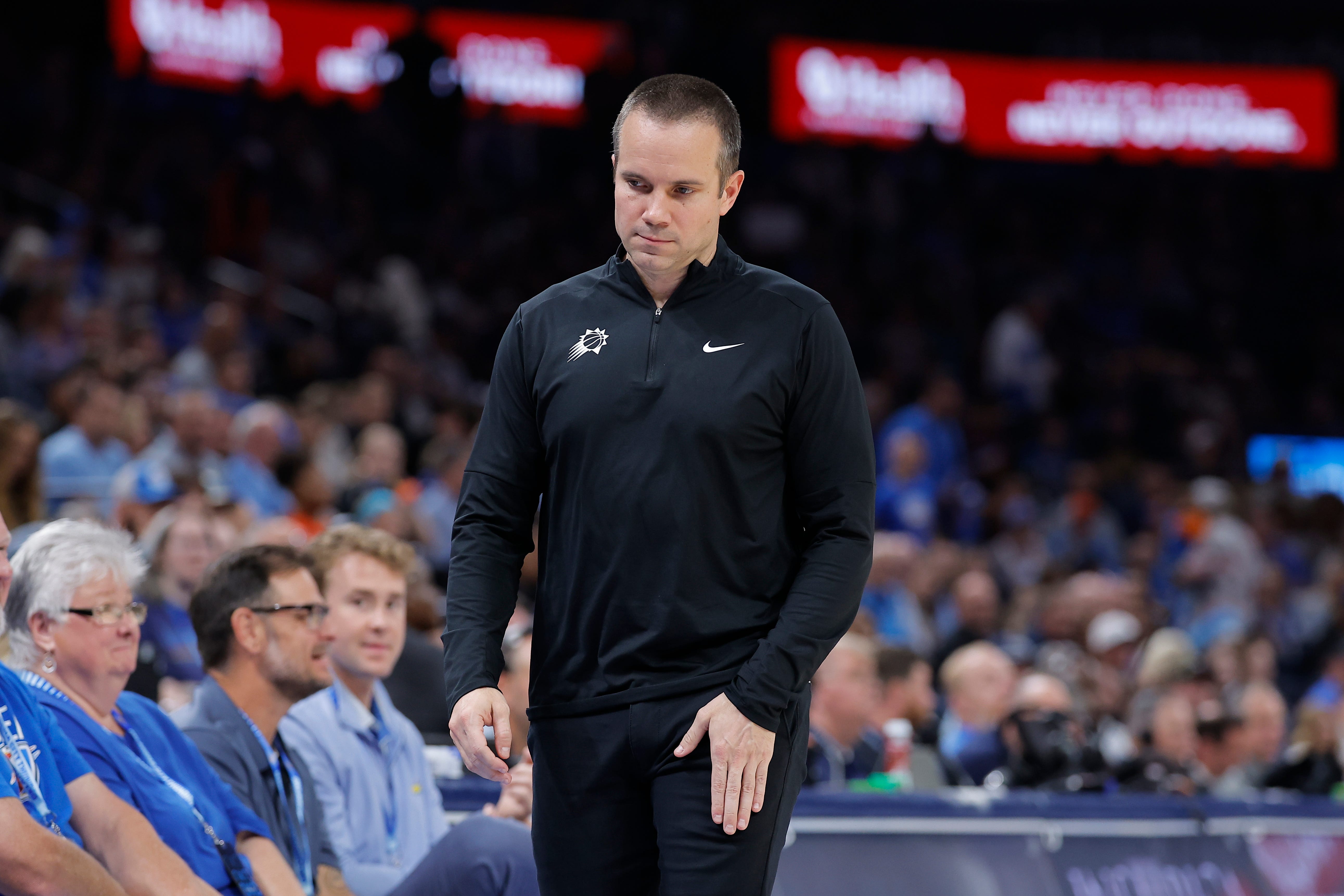 Oct 26, 2026; Oklahoma City, Oklahoma, USA; Phoenix Suns head coach Jordan Ott walks down the sideline during the fourth quarter of a game against the Oklahoma City Thunder at Paycom Center. Mandatory Credit: Alonzo Adams-Imagn Images