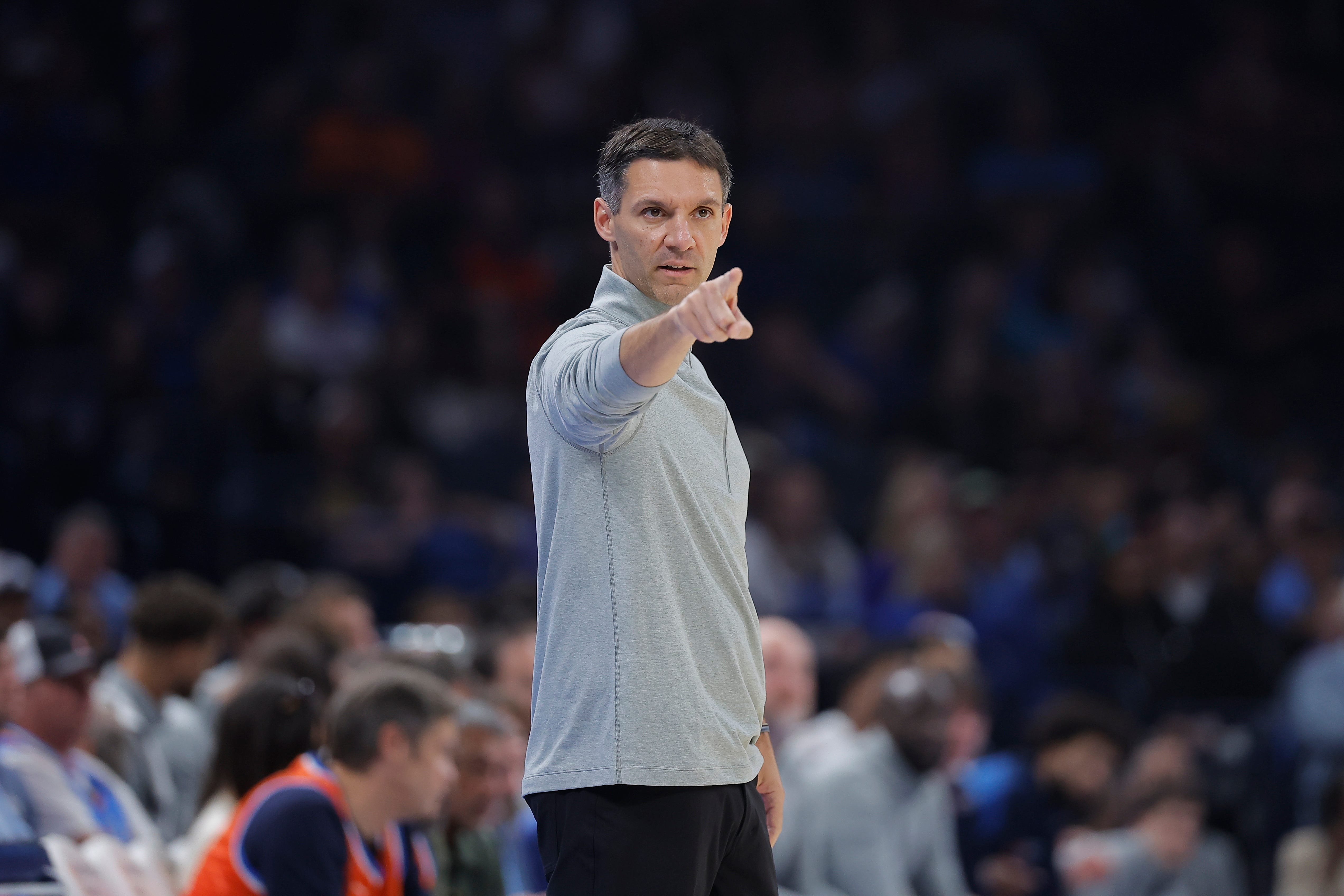 Oct 26, 2026; Oklahoma City, Oklahoma, USA; Oklahoma City Thunder head coach Mark Daigneault gestures to his team during a play against the Phoenix Suns in the first half at Paycom Center. Mandatory Credit: Alonzo Adams-Imagn Images