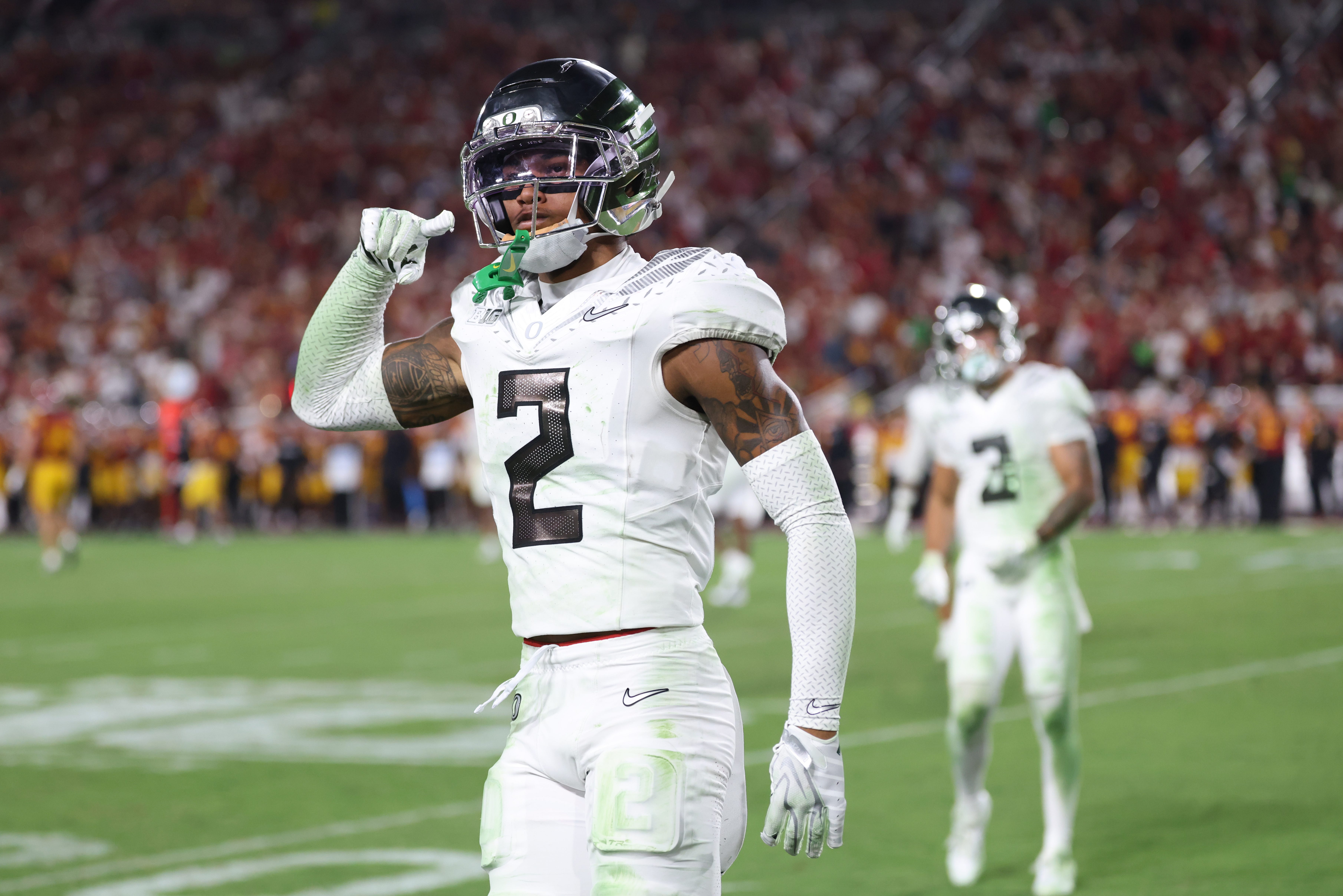 Sep 26, 2026; Los Angeles, California, USA;  Oregon Ducks defensive back Na'eem Offord (2) reacts after defending against a pass intended for USC Trojans wide receiver Kayden Dixon-Wyatt (not pictured) during the fourth quarter at United Airlines Field at Los Angeles Memorial Coliseum.  Mandatory Credit: Kiyoshi Mio-Imagn Images