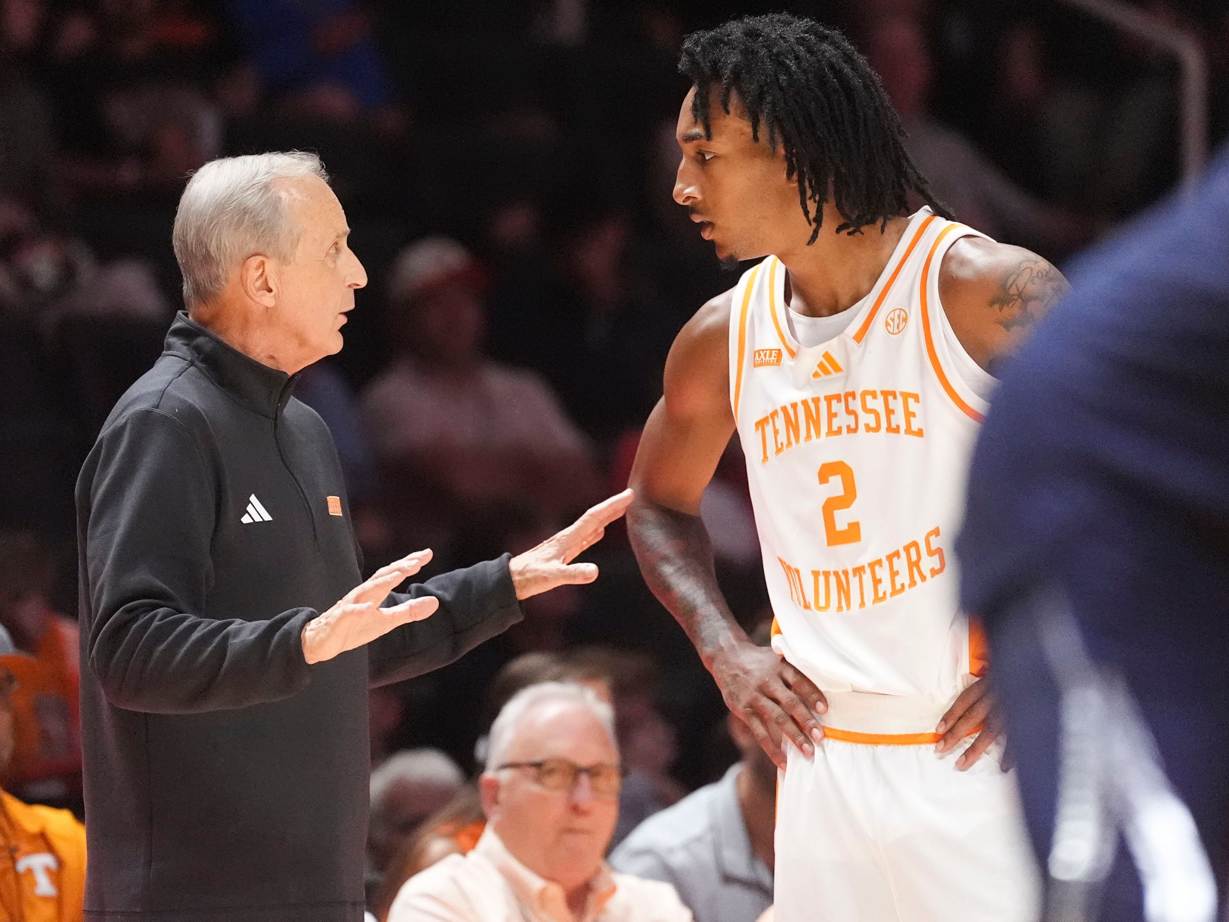 Tennessee basketball coach Rick Barnes talks with guard Juke Harris (2) during a college basketball exhibition game against Xavier on Oct. 15, 2026, in Knoxville, Tennessee.