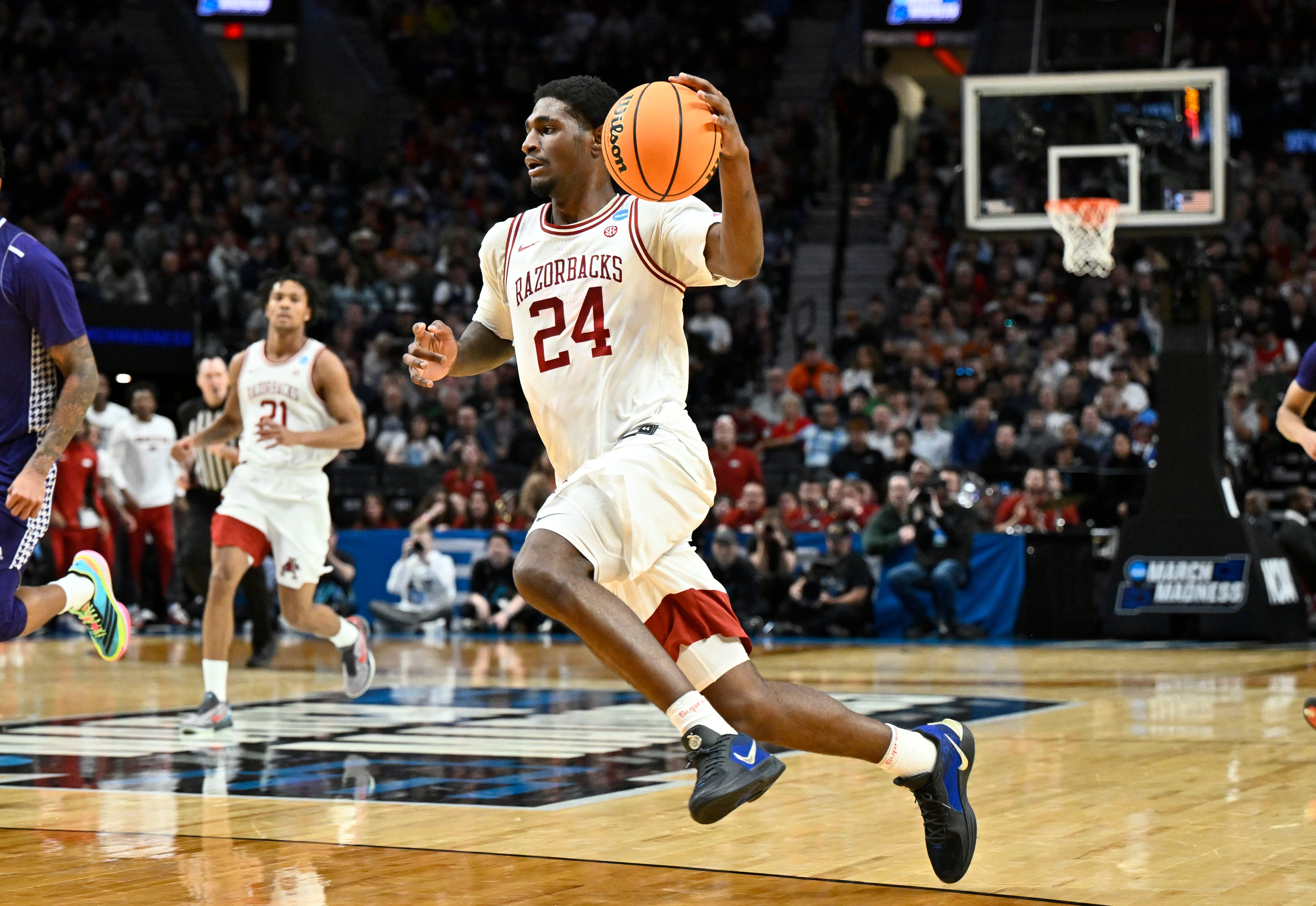 Mar 21, 2026; Portland, OR, USA; Arkansas Razorbacks forward Billy Richmond III (24) drives in the first half against the High Point Panthers during a second round game of the men's 2026 NCAA Tournament at Moda Center. Mandatory Credit: Craig Strobeck-Imagn Images