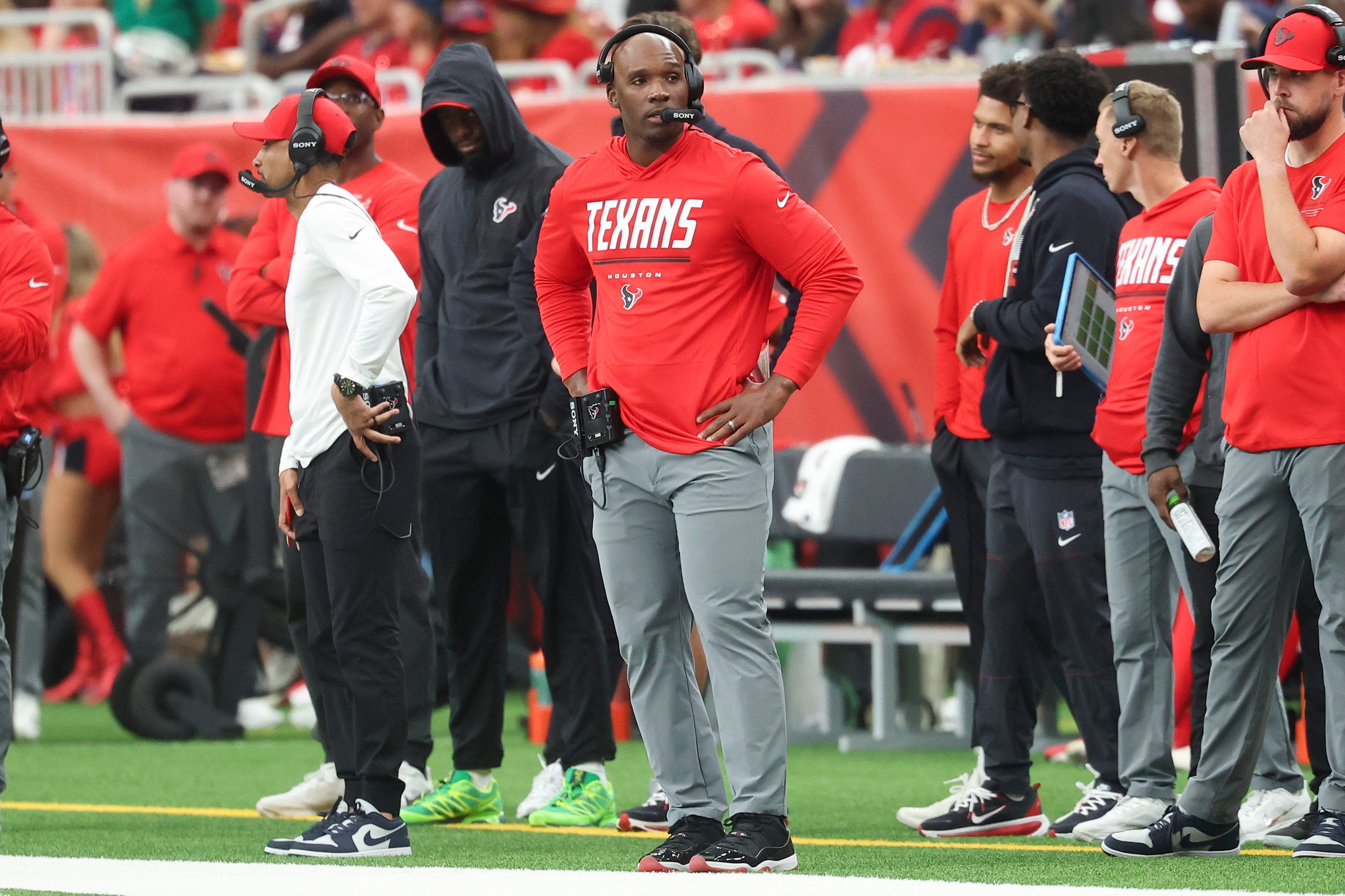 Oct 25, 2026; Houston, Texas, USA;  Houston Texans head coach DeMeco Ryans reacts on the sideline during the second quarter against the New York Giants at Reliant Stadium.  Mandatory Credit: Troy Taormina-Imagn Images