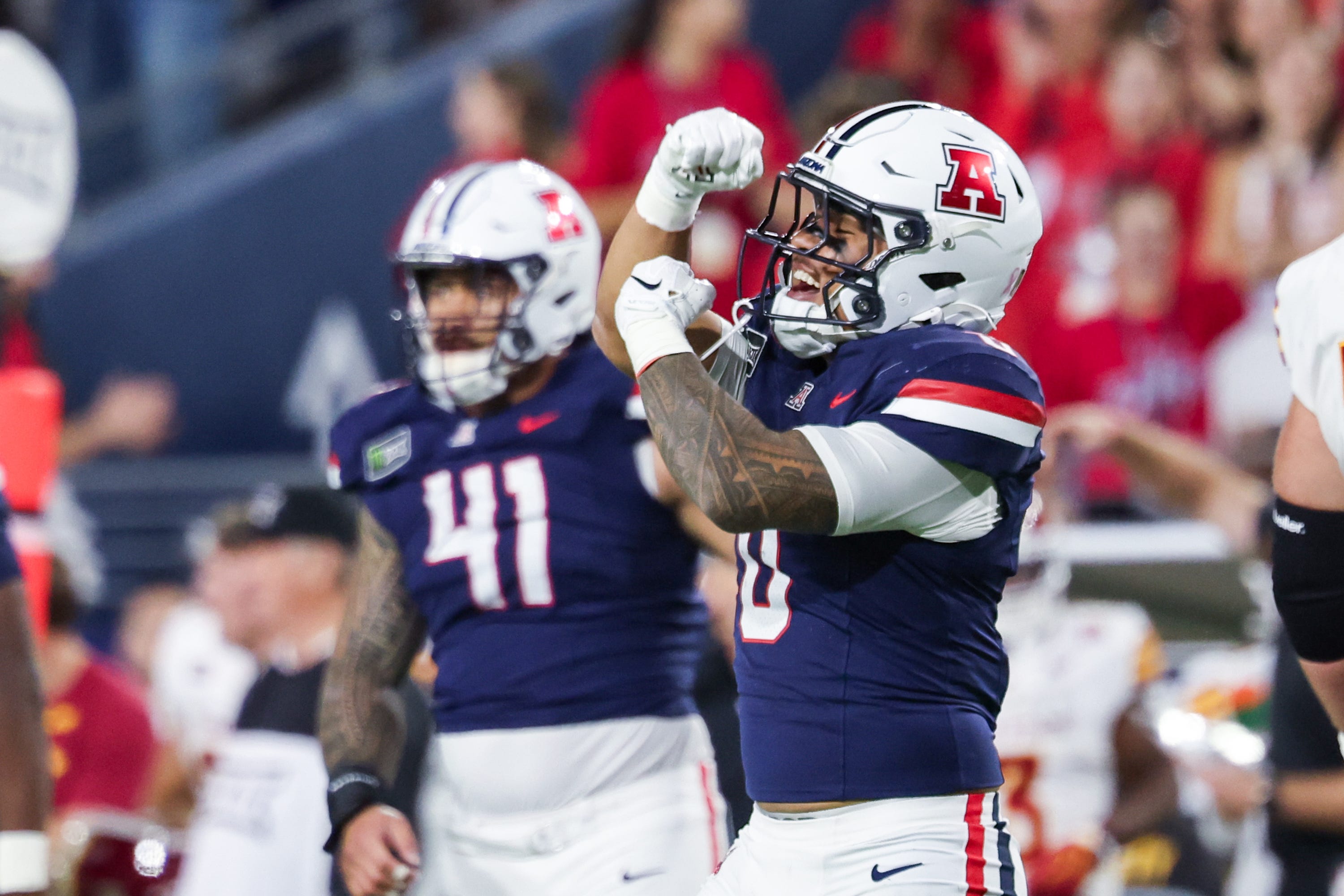 Oct 24, 2026; Tucson, Arizona, USA;  Arizona Wildcats linebacker Dash Fifita (0) celebrates during the third quarter against the Iowa State Cyclones at Casino Del Sol Stadium.  Mandatory Credit: Aryanna Frank-Imagn Images