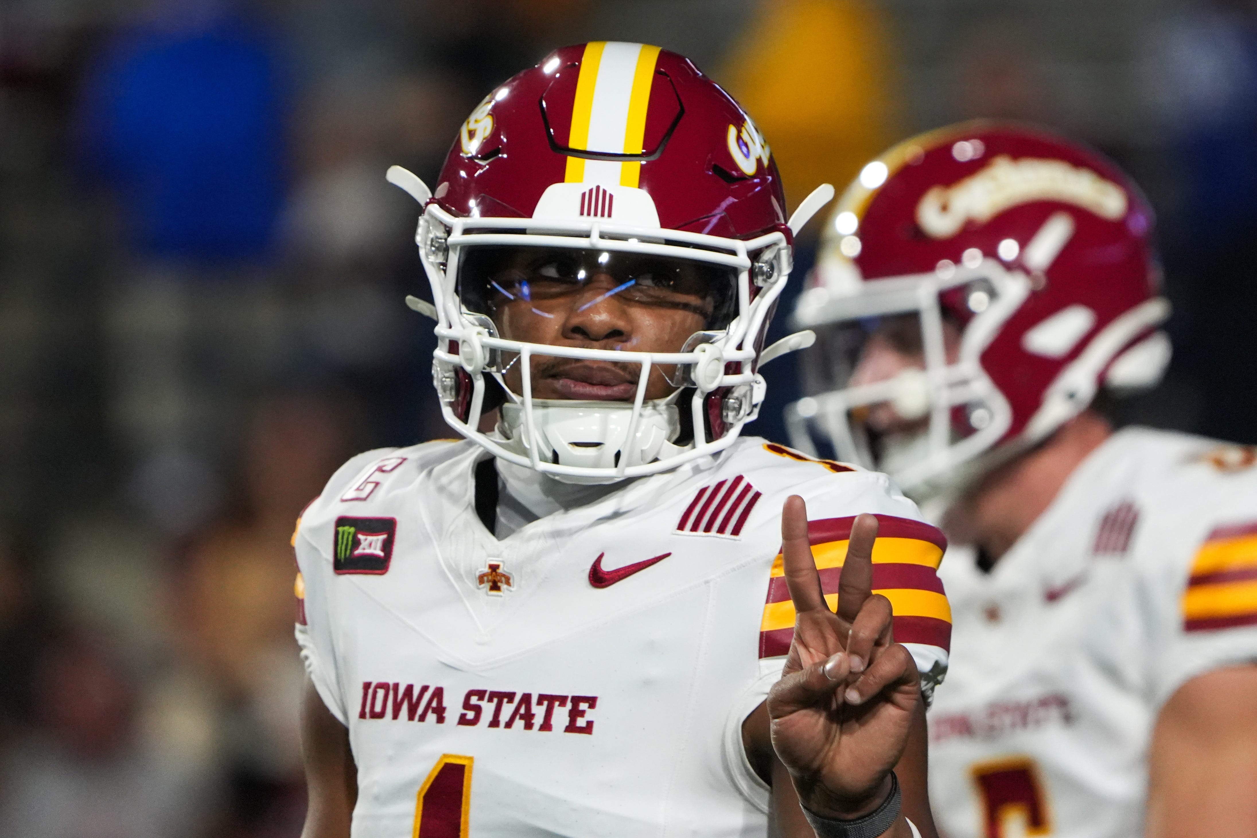 Oct 9, 2026; Provo, Utah, USA; Iowa State Cyclones quarterback Jaylen Raynor (1) as seen during warmups prior to a game against the BYU Cougars at LaVell Edwards Stadium. Mandatory Credit: Aaron Baker-Imagn Images