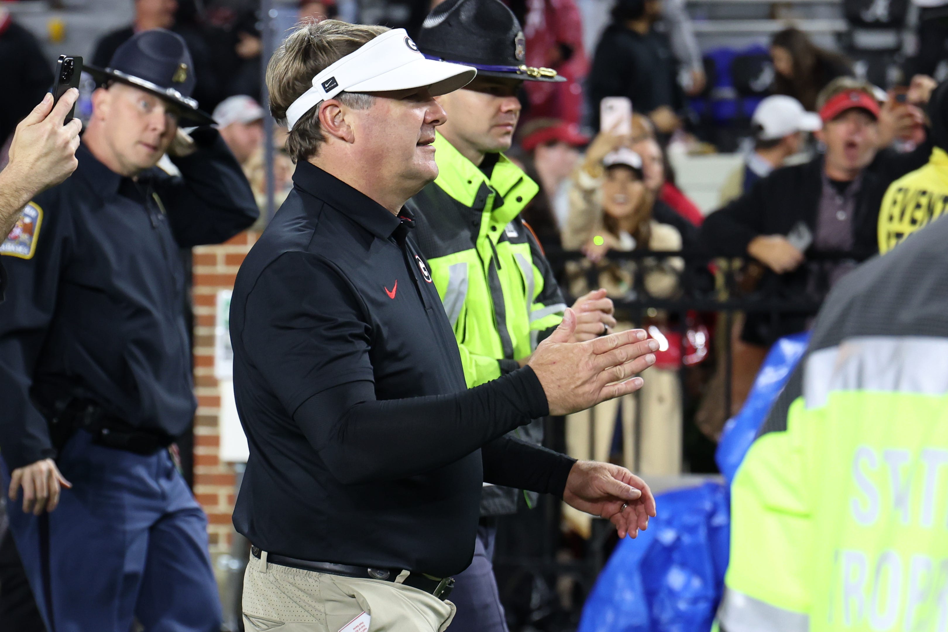 Oct 10, 2026; Tuscaloosa, Alabama, USA;  Georgia Bulldogs head coach Kirby Smart walks off the field after a win against the Alabama Crimson Tide at Saban Field at Bryant-Denny Stadium.  Mandatory Credit: David Leong-Imagn Images