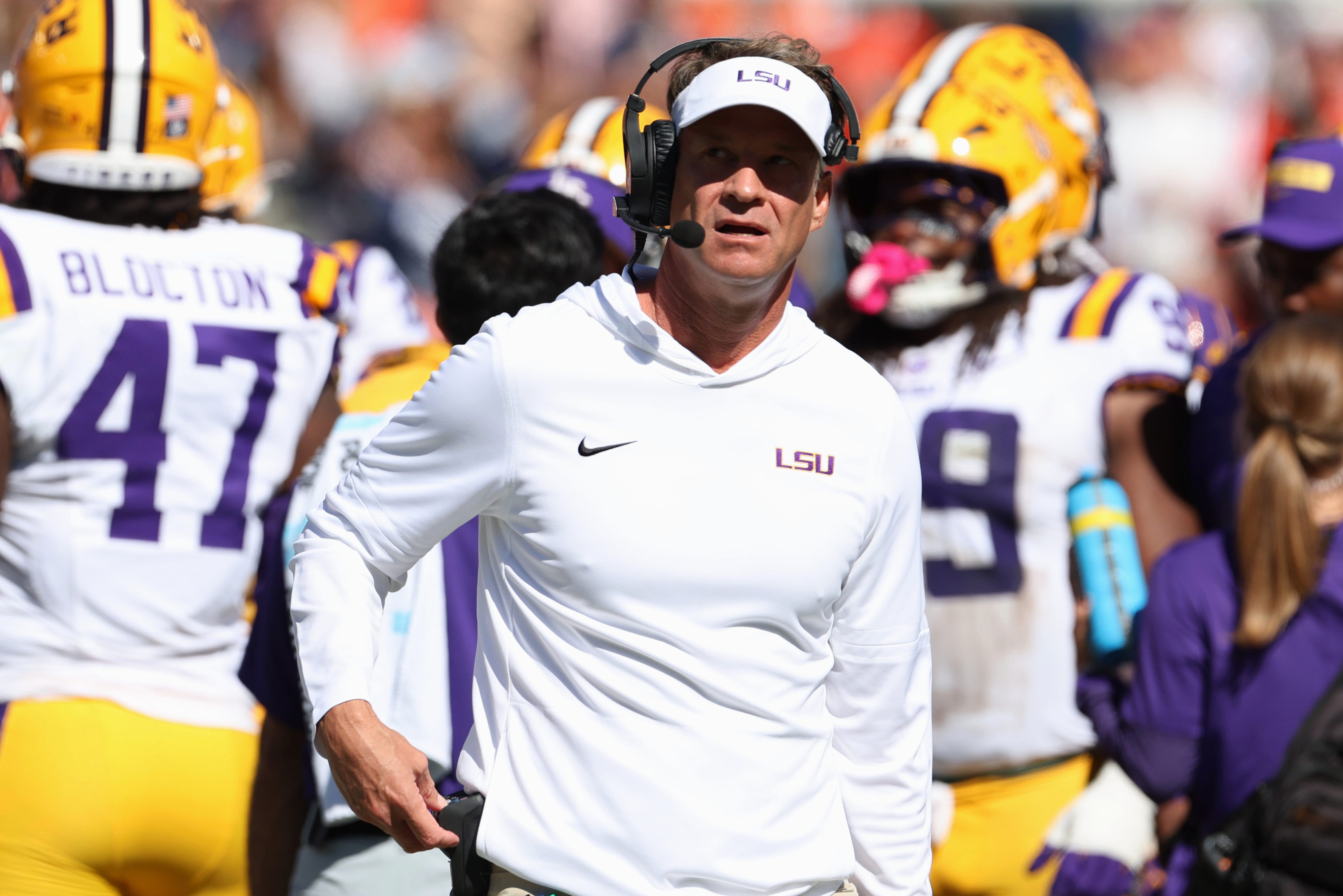 Oct 24, 2026; Auburn, Alabama, USA;  LSU Tigers head coach Lane Kiffin looks on during the second quarter against the Auburn Tigers at Jordan-Hare Stadium.  Mandatory Credit: John Reed-Imagn Images