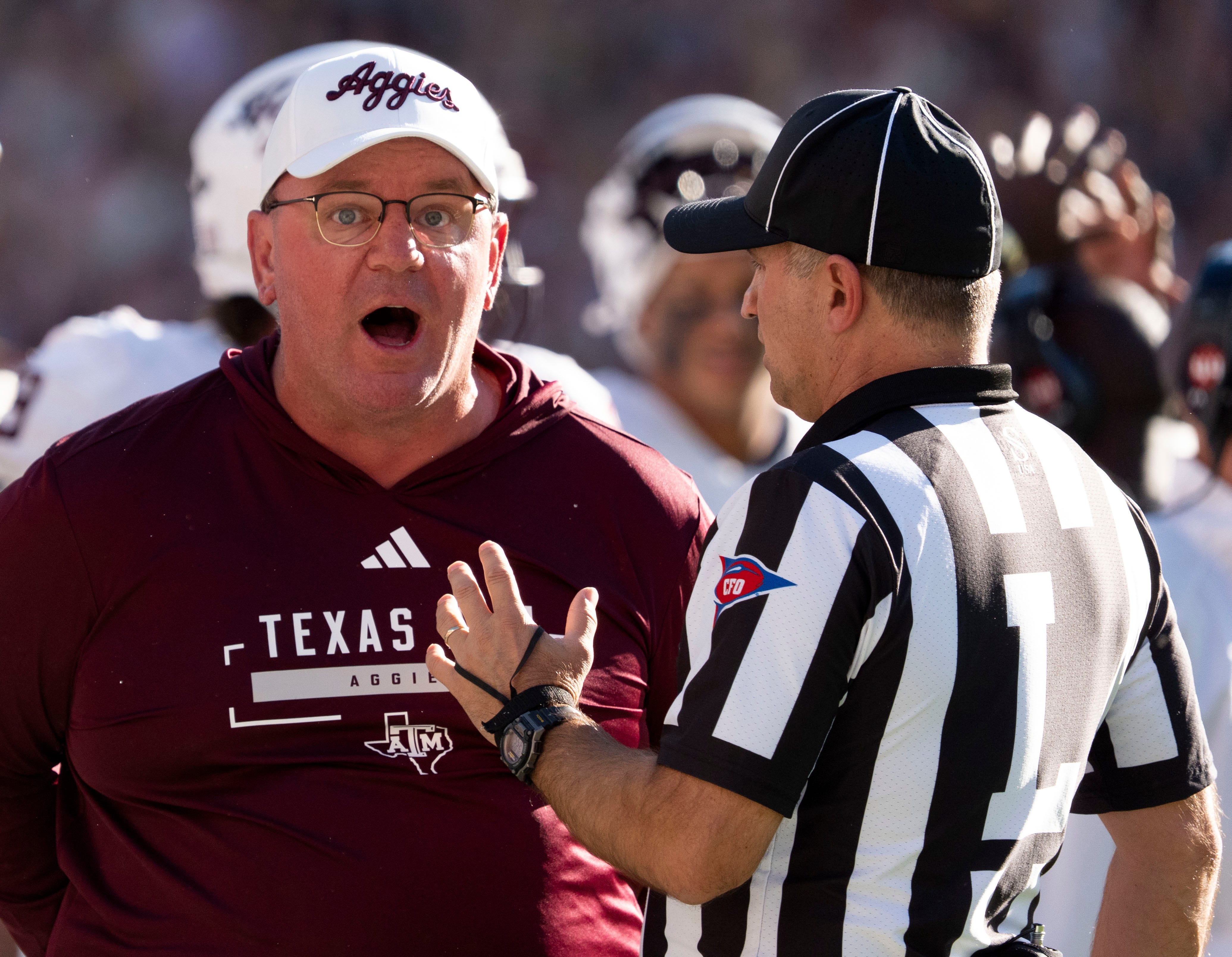 Oct 24, 2026; Tuscaloosa, AL, USA;  Texas A&amp;M head coach Mike Elko voices his displeasure with an official during the game with Alabama at Saban Field at Bryant Denny Stadium. Mandatory Credit: Gary Cosby Jr.-Tuscaloosa News