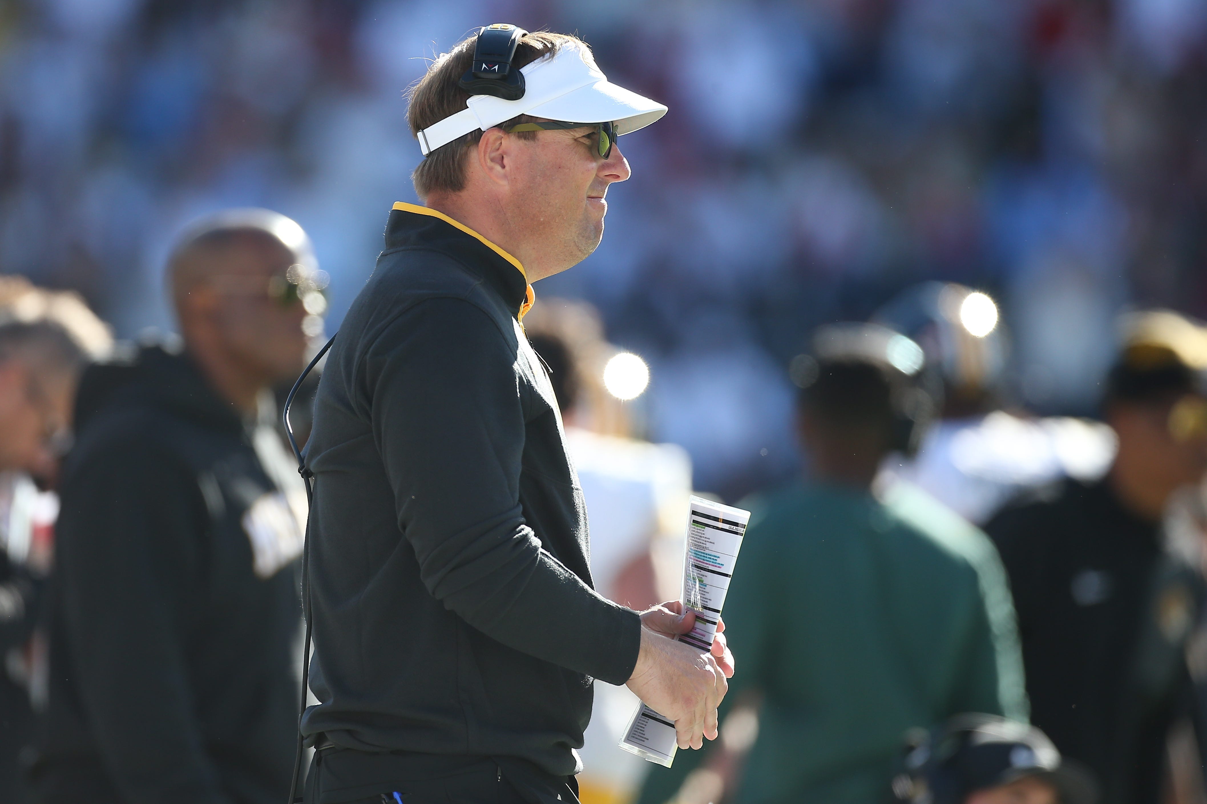 Oct 17, 2026; Oxford, Mississippi, USA;  Missouri Tigers head coach Eliah Drinkwitz  reacts during the first half against the Mississippi Rebels at Vaught-Hemingway Stadium.  Mandatory Credit: Petre Thomas-Imagn Images