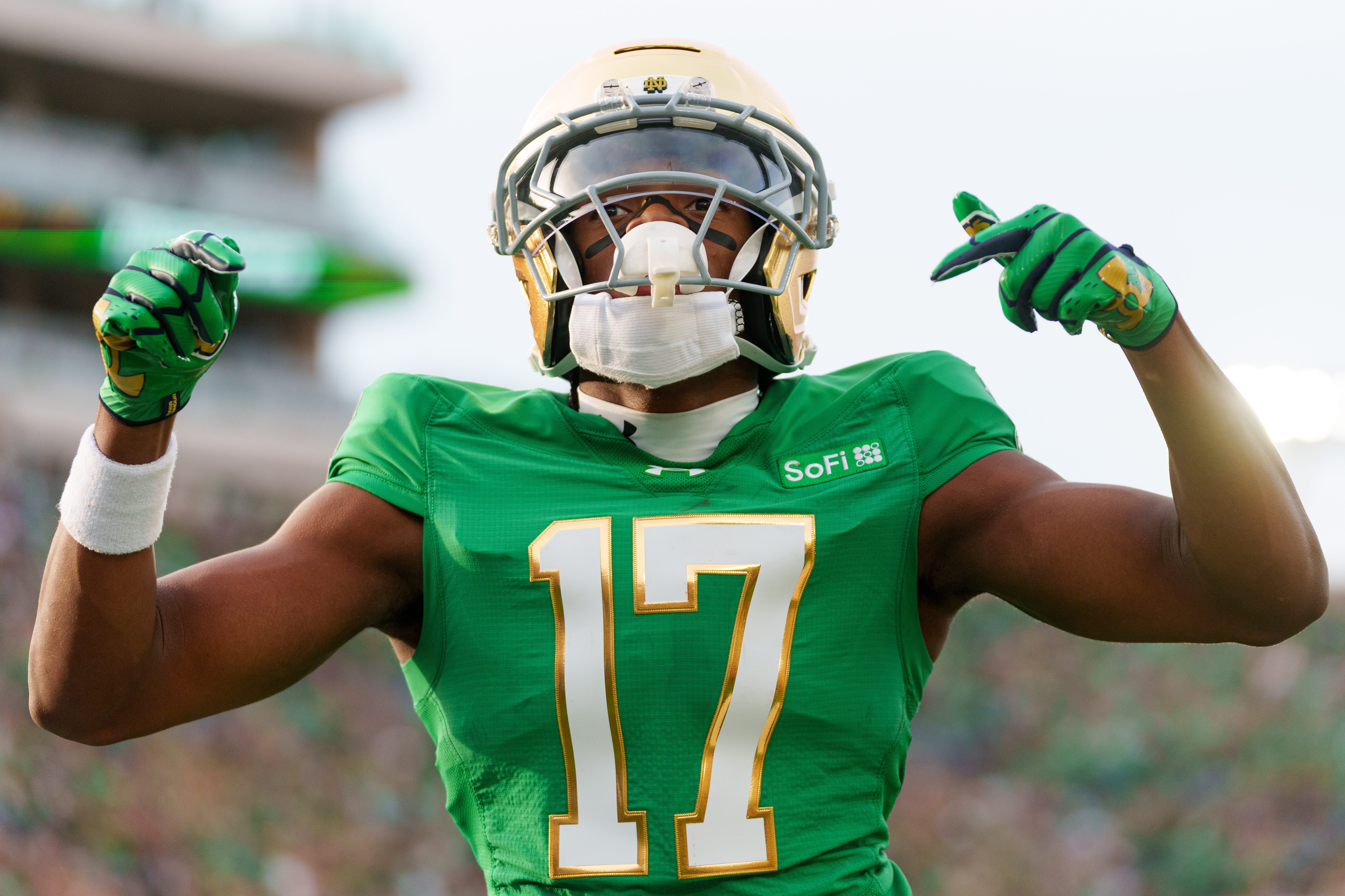 Notre Dame wide receiver Elijah Burress celebrates after scoring a touchdown during a NCAA football game against Stanford at Notre Dame Stadium on Saturday, Oct. 10, 2026, in South Bend.