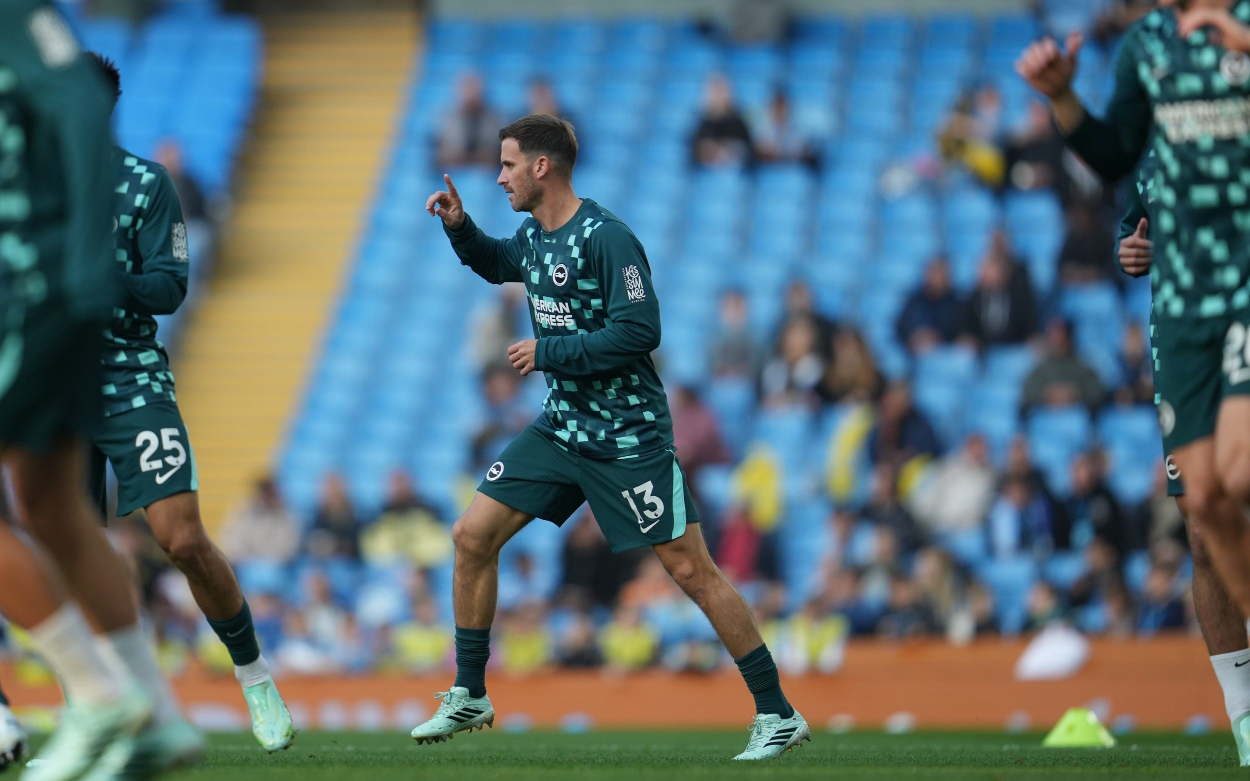 Brighton's Pascal Gross warms up for the English Premier League soccer match between Manchester City and Brighton & Hove Albion in Manchester, England, Saturday, Oct. 31, 2026.