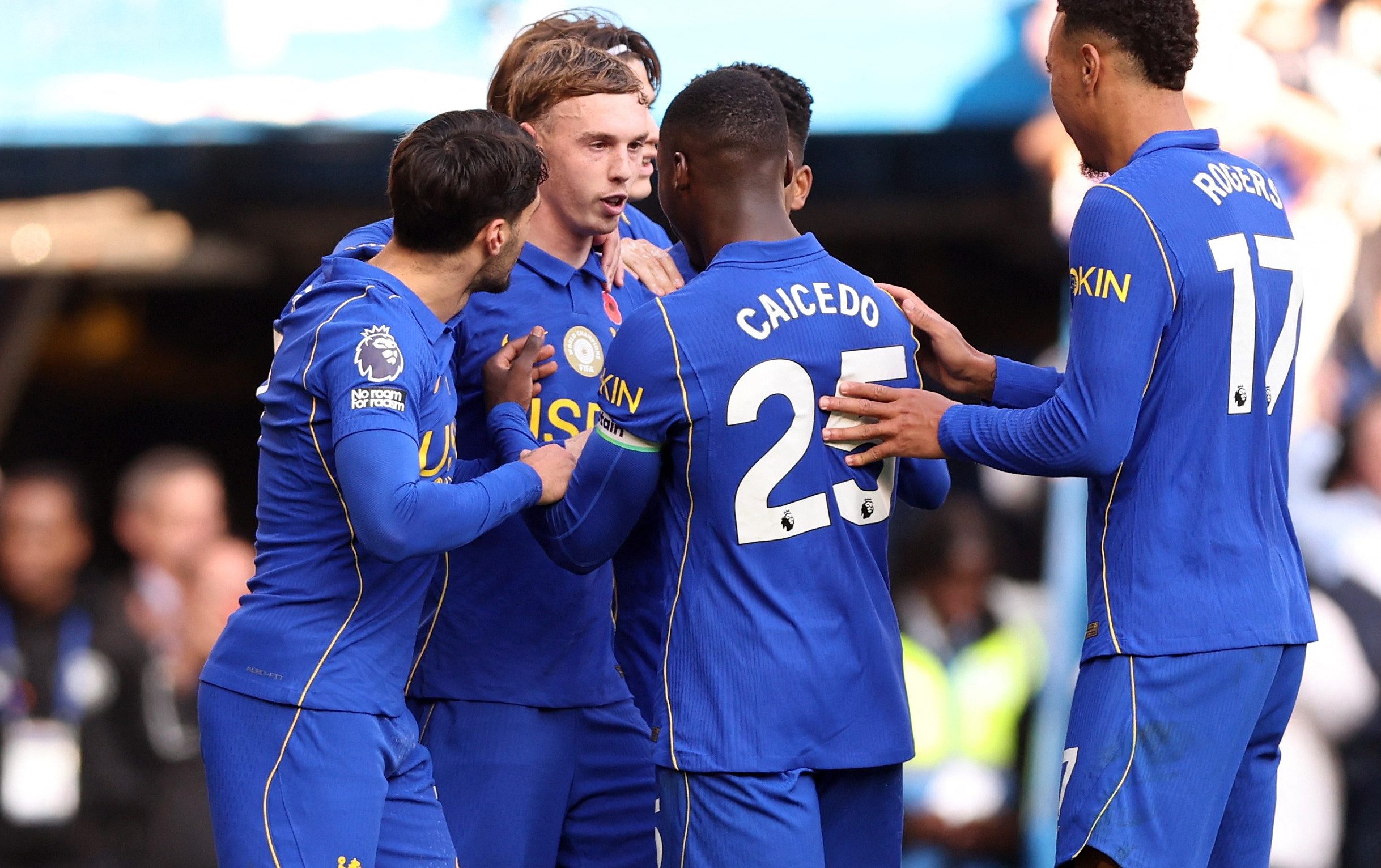 Soccer Football - Premier League - Chelsea v Manchester United - Stamford Bridge, London, Britain - October 31, 2026 Chelsea's Cole Palmer celebrates scoring their second goal with teammates.